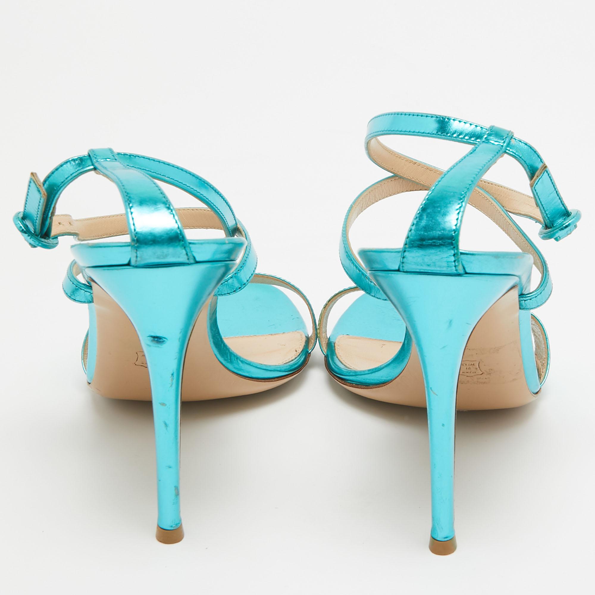 Gianvito Rossi Metallic Blue Leather Cross Ankle Strap Sandals Size 39 For Sale 1