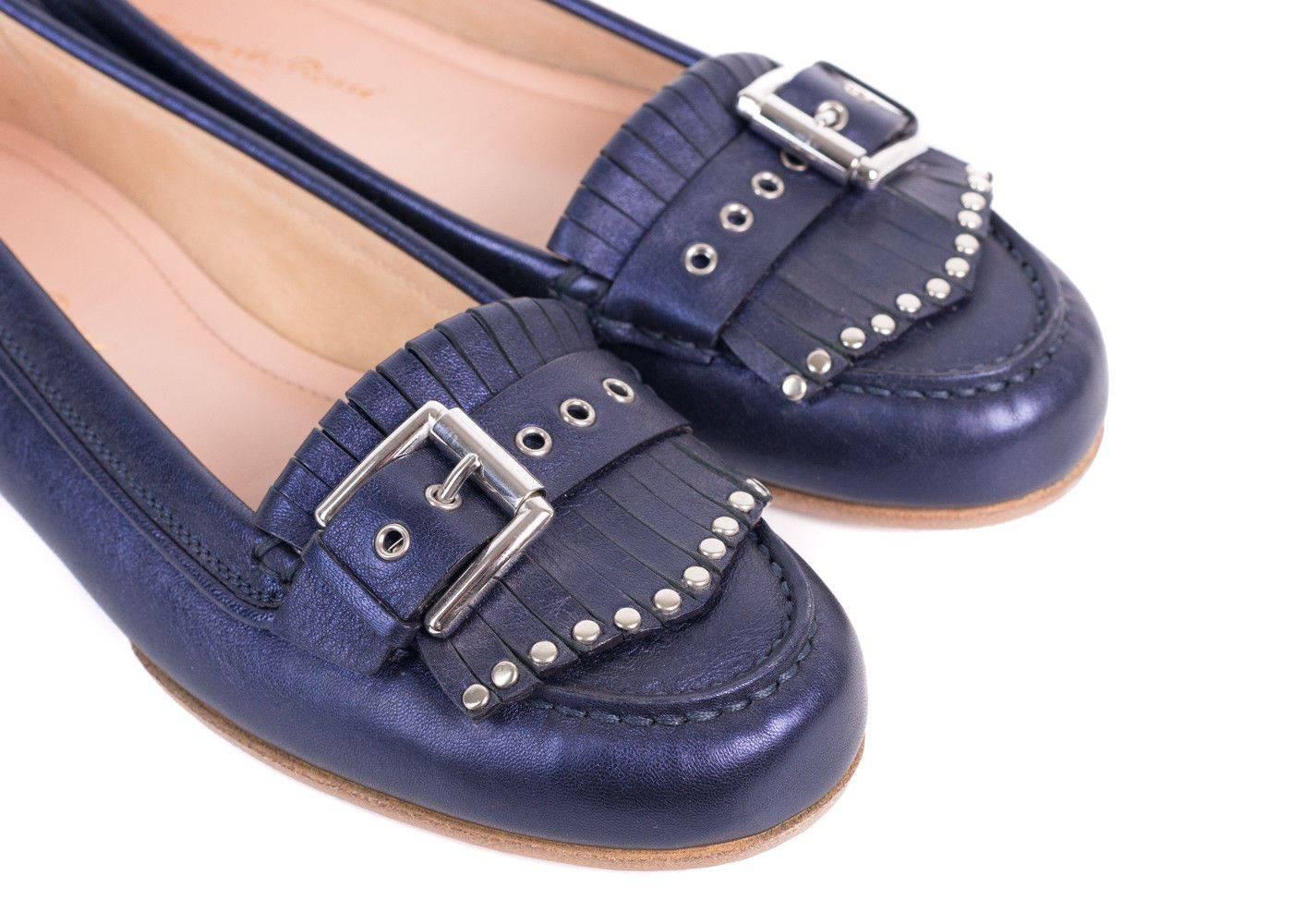 Gianvito Rossi Metallic Blue Leather Studded Buckle Moccasins For Sale 1
