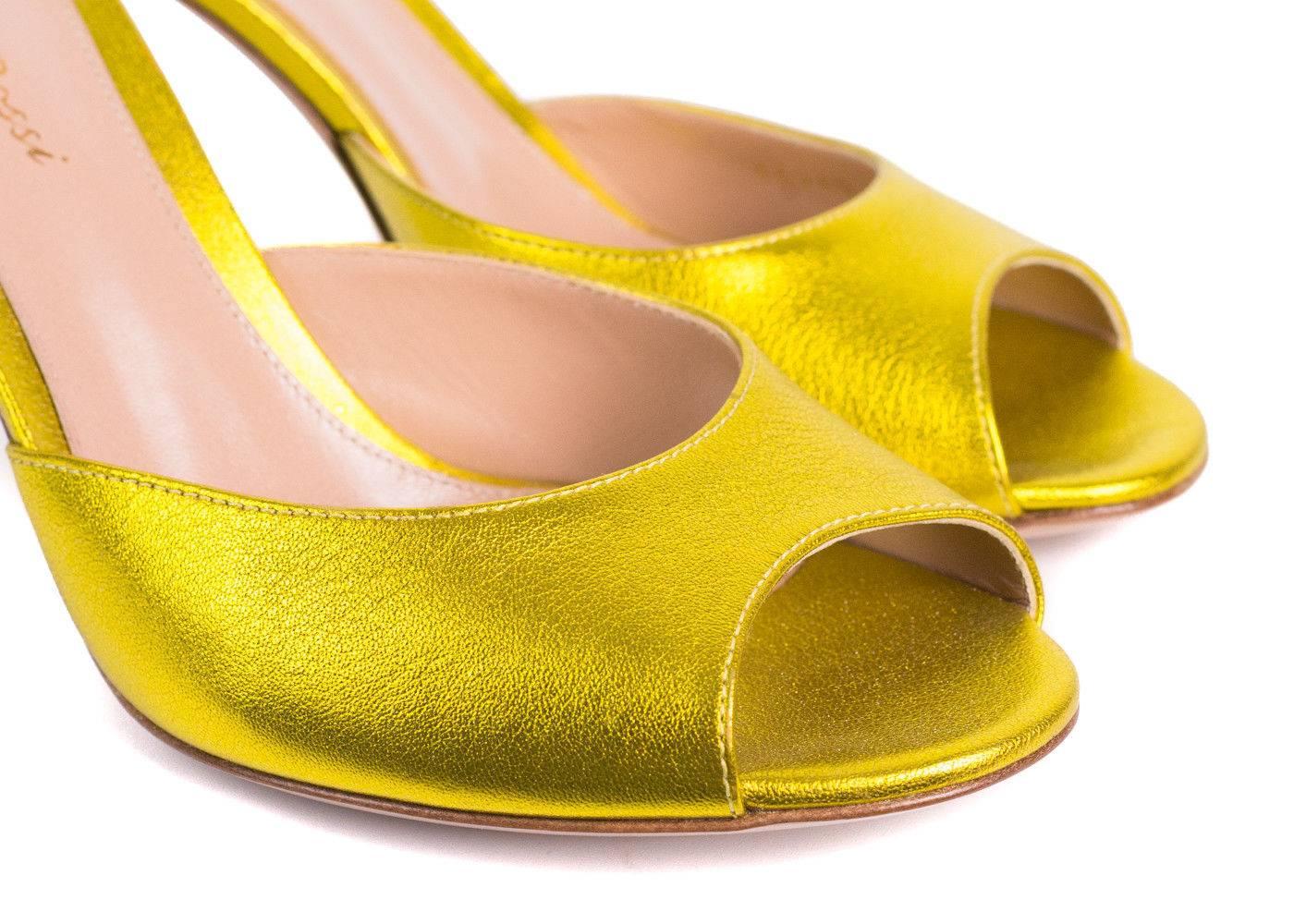 Gianvito Rossi Metallic Citrus Leather Mule Sandal Heel In New Condition For Sale In Brooklyn, NY