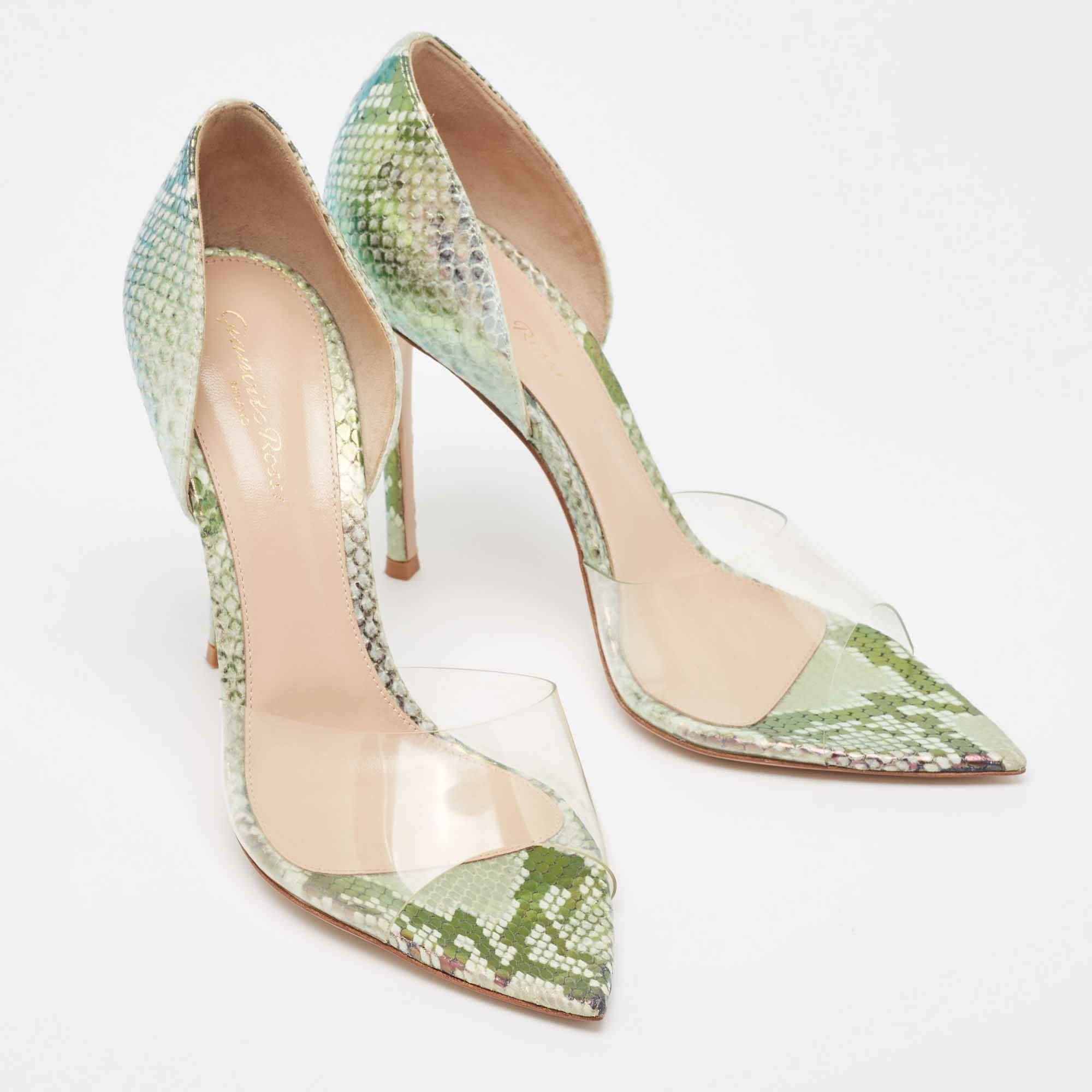 Gianvito Rossi Metallic Embossed Snakeskin and PVC Bree Pumps Size 40.5 For Sale 4