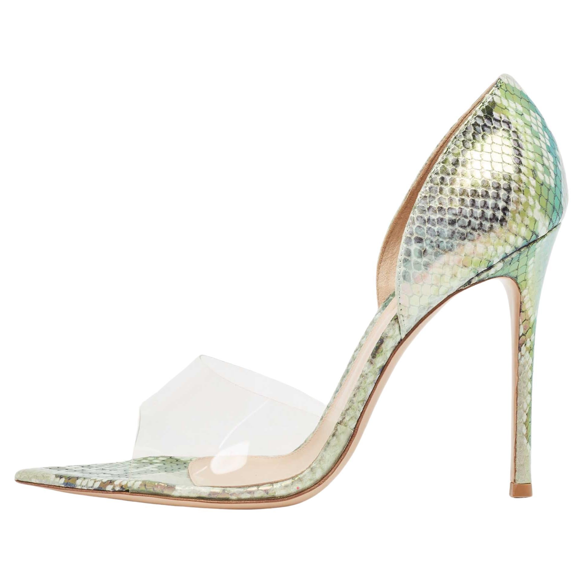 Gianvito Rossi Metallic Embossed Snakeskin and PVC Bree Pumps Size 40.5 For Sale