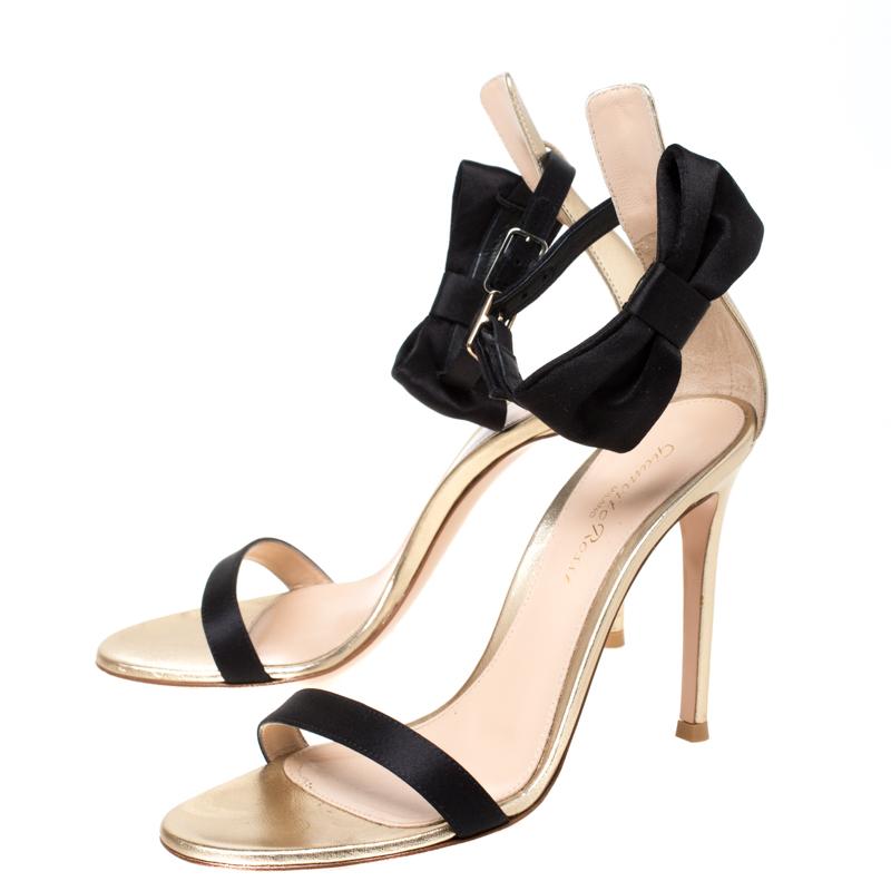 Gianvito Rossi Metallic Gold Leather And Black Satin Bow Detail Sandals Size 36 1