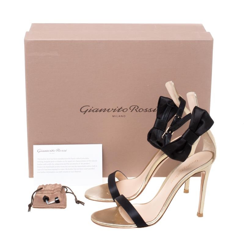 Gianvito Rossi Metallic Gold Leather And Black Satin Bow Detail Sandals Size 36 3