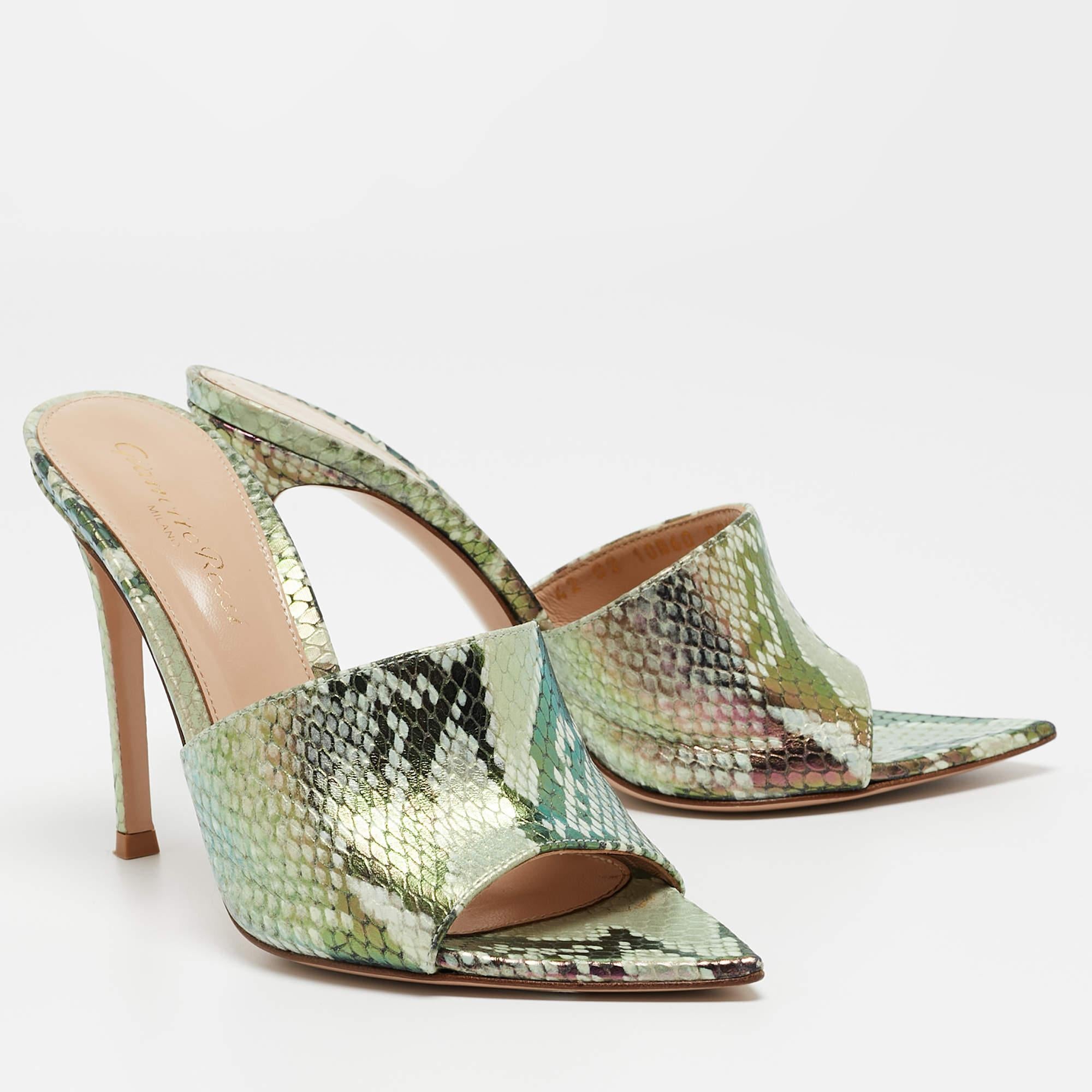 Women's Gianvito Rossi Metallic Iridescent Embossed Python Alise Slide Sandals Size 35.5 For Sale