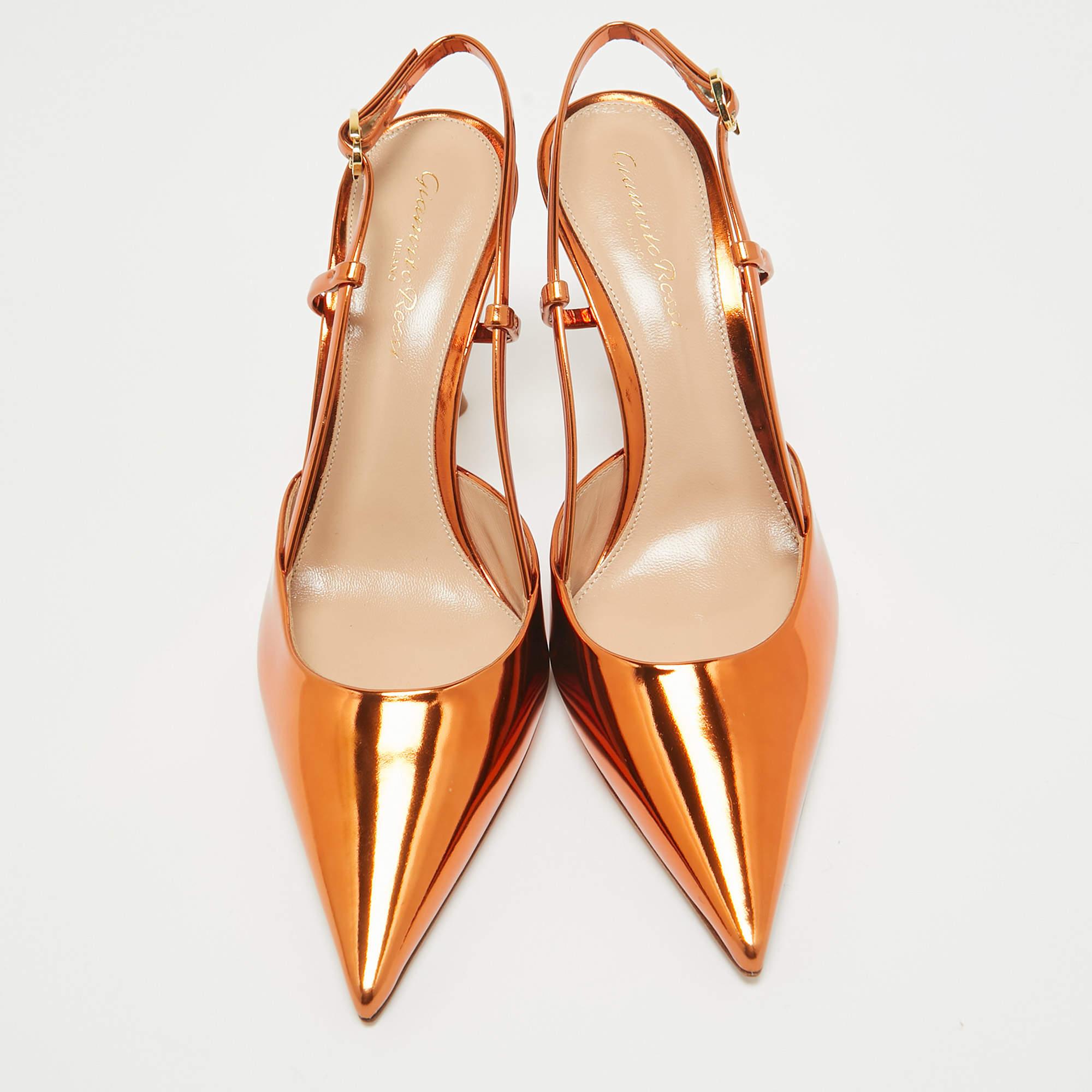 Orange Gianvito Rossi Metallic Leather Ascent Slingback Pumps Size 38