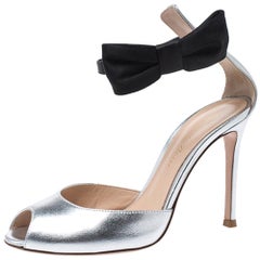 Gianvito Rossi Metallic Silver/Black Leather Bunny Bow Ankle Strap Sandals 35