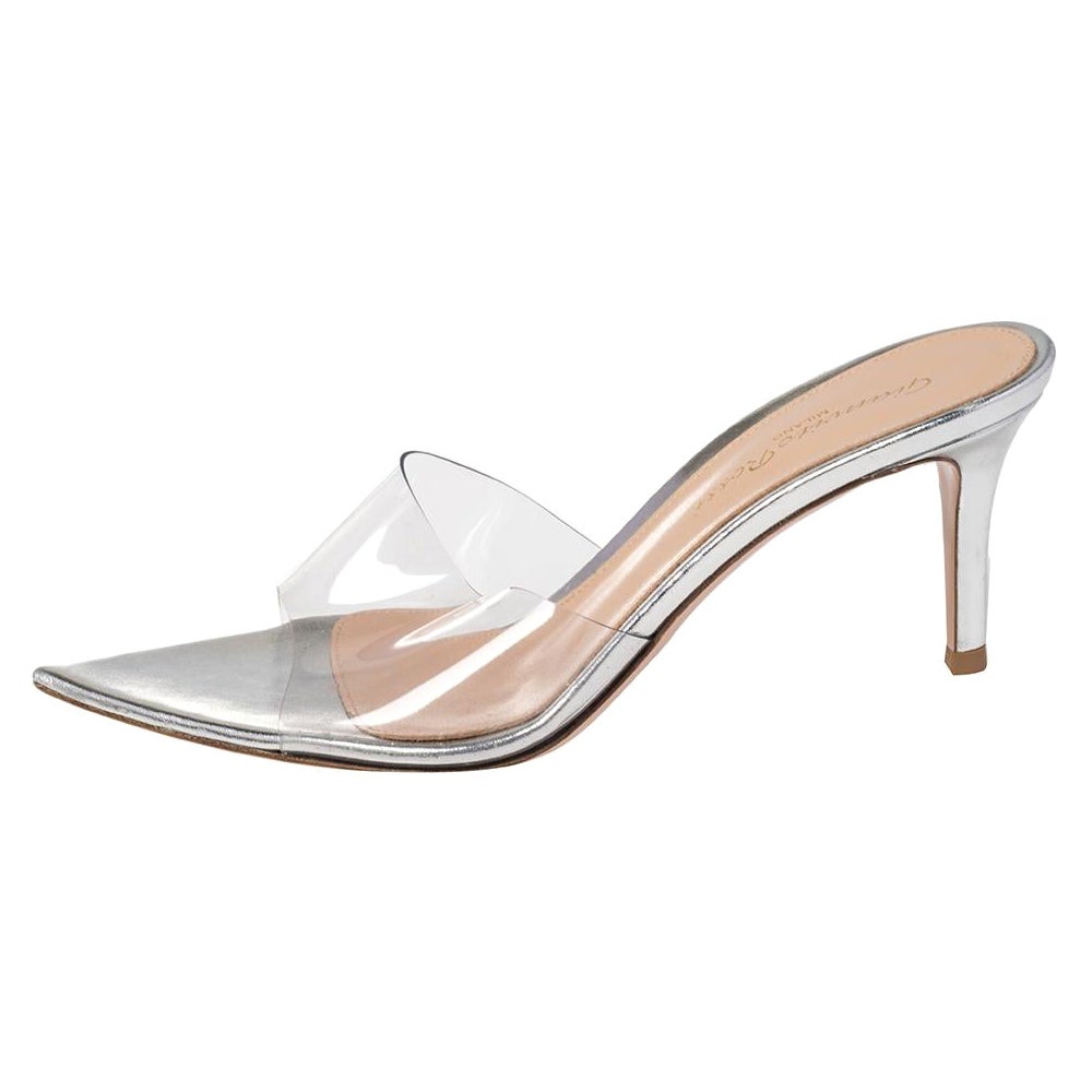 Gianvito Rossi Metallic Silber Leder und PVC Elle Slide Sandalen Größe 35