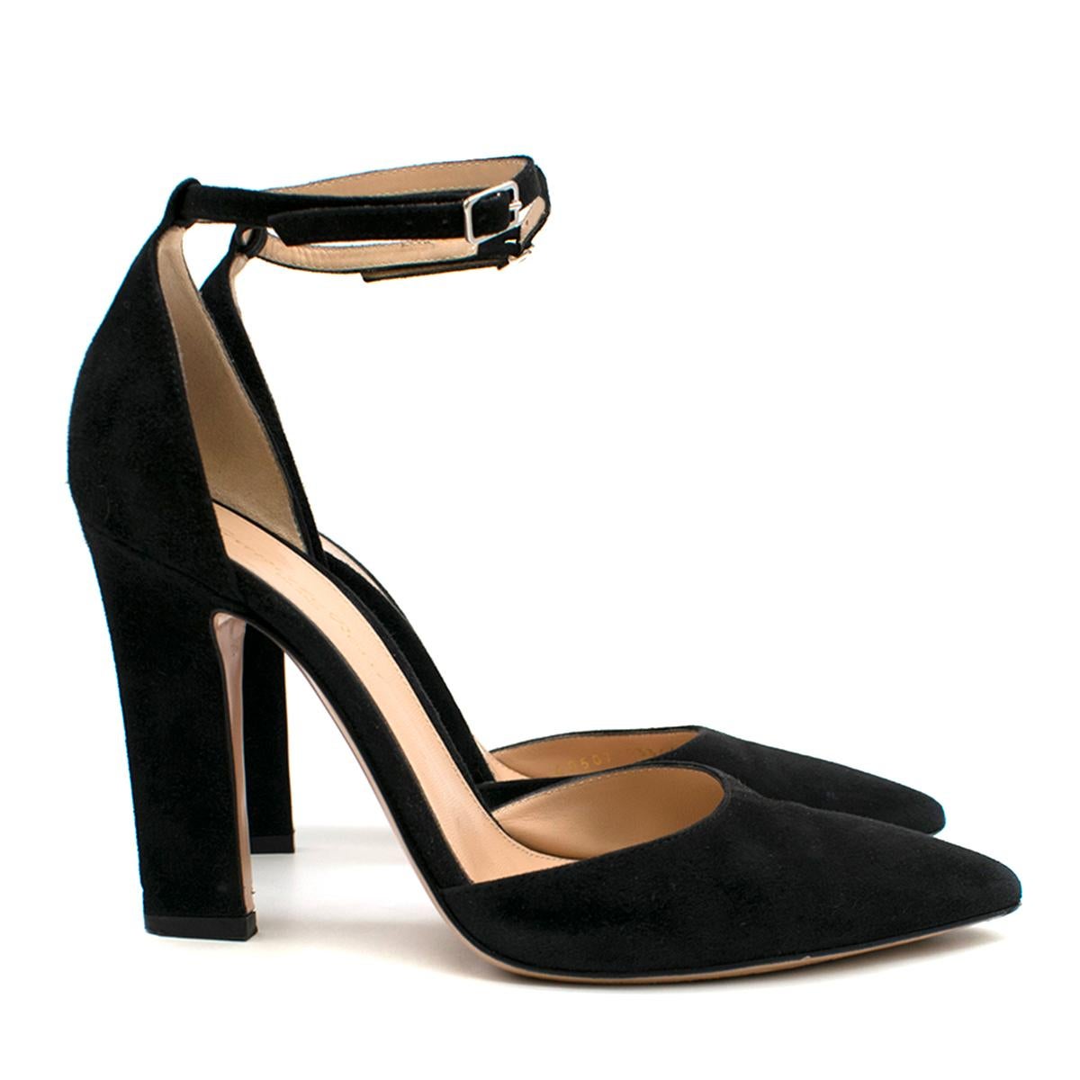 Gianvito Rossi Mila Suede Ankle Strap Pumps- As Worn By Kate Middleton

- Black Suede D'Orsay Pumps
- Heel approx 105mm/ 4 inches
- Point toe 
- Narrow block heel 
- Buckle-fastening ankle strap
- Made in Italy

Please note, these items are