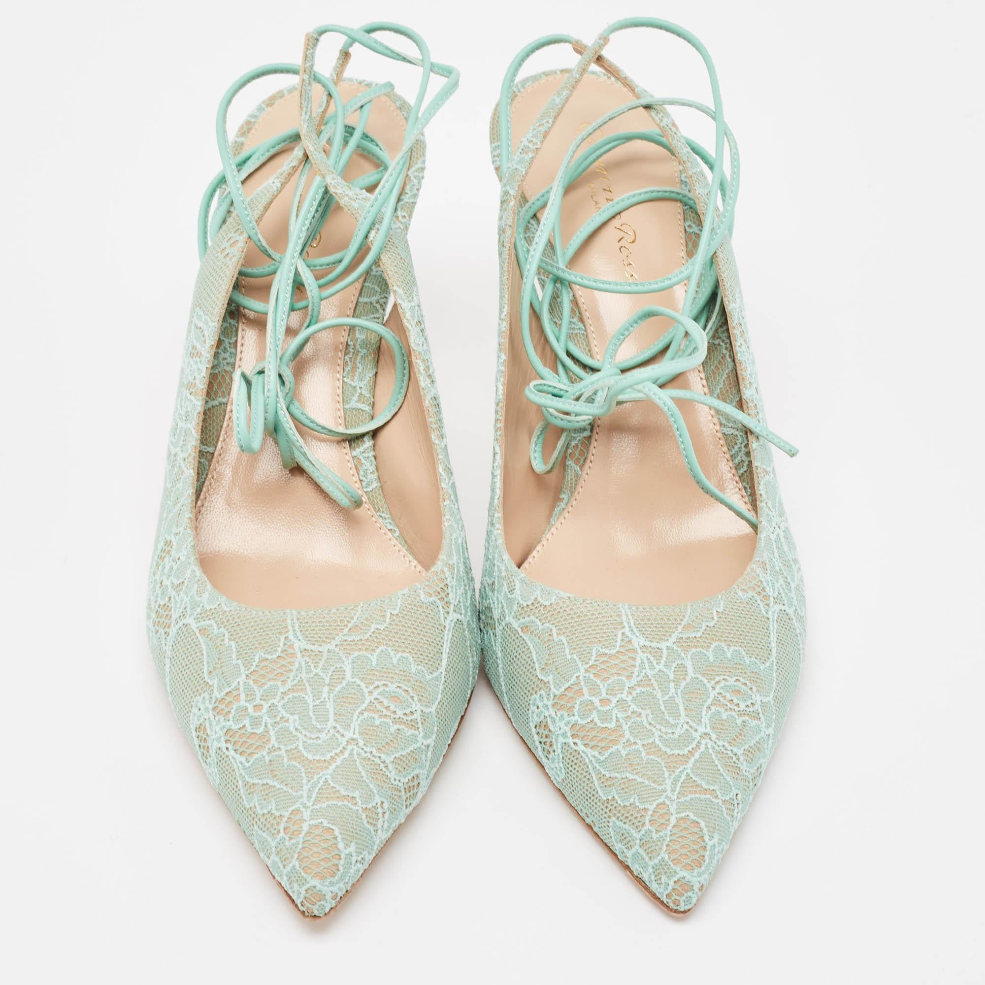 Gray Gianvito Rossi Mint Green Lace Ankle Wrap Slingback Pumps Size 39 For Sale