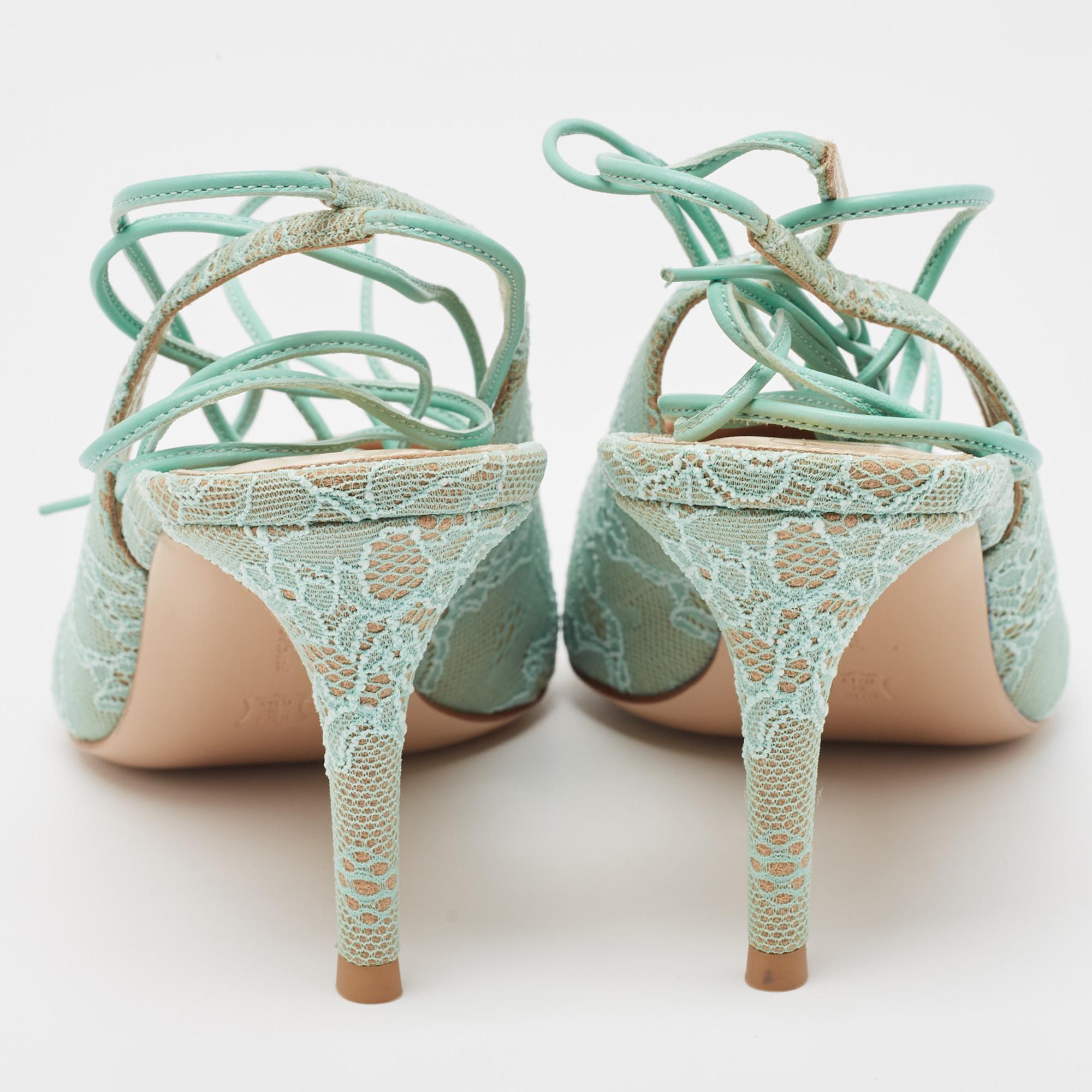 Women's Gianvito Rossi Mint Green Lace Ankle Wrap Slingback Pumps Size 39 For Sale