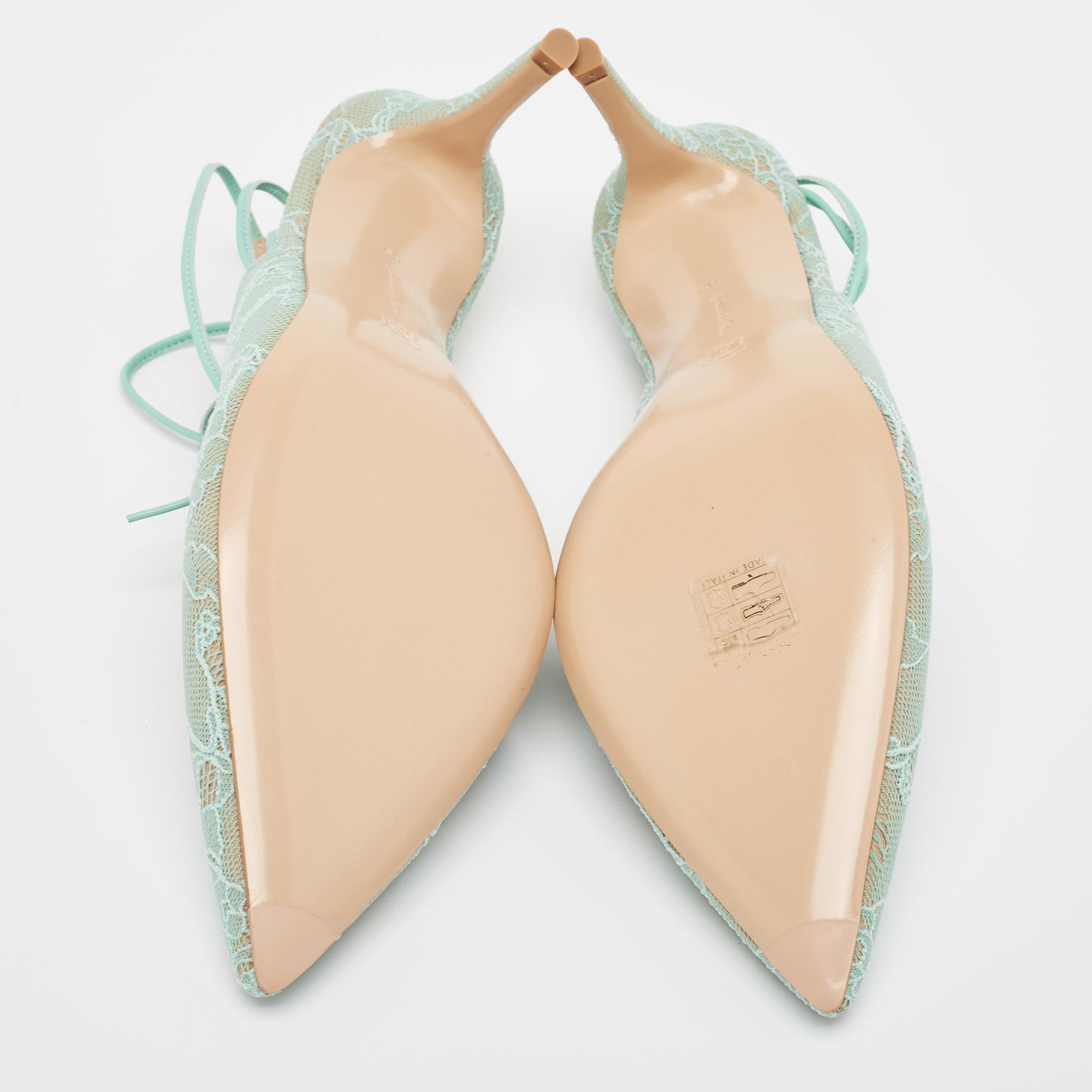 Gianvito Rossi Mint Green Lace Ankle Wrap Slingback Pumps Size 39 For Sale 1