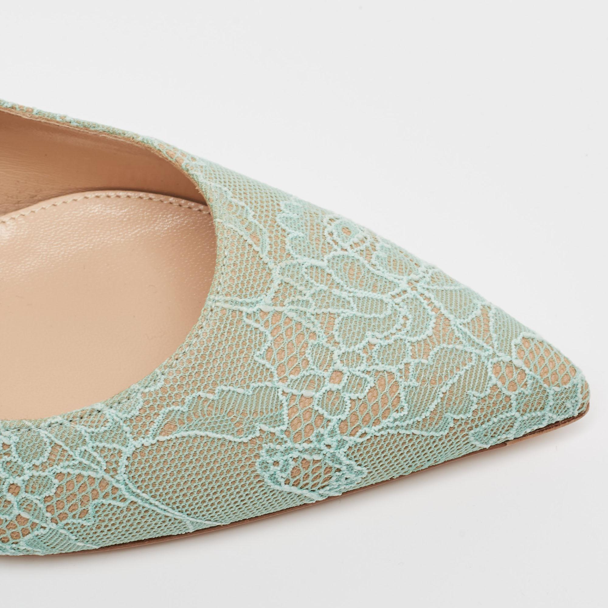 Gianvito Rossi Mint Green Lace Ankle Wrap Slingback Pumps Size 39 For Sale 2