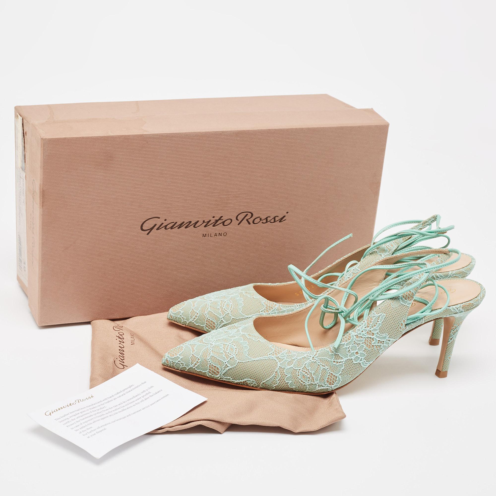 Gianvito Rossi Mint Green Lace Ankle Wrap Slingback Pumps Size 39 For Sale 4