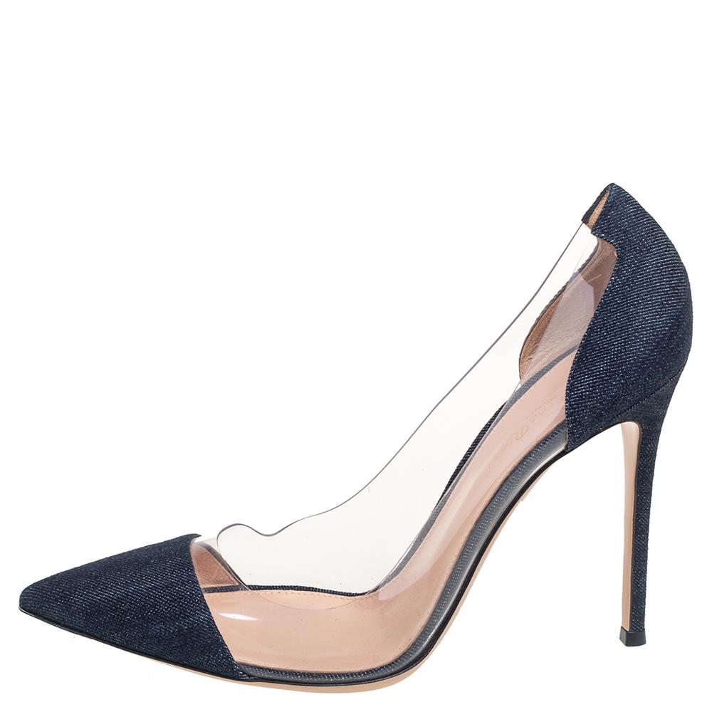 Women's Gianvito Rossi Navy Blue Denim And PVC Plexi Pointed Toe Pumps Size 40