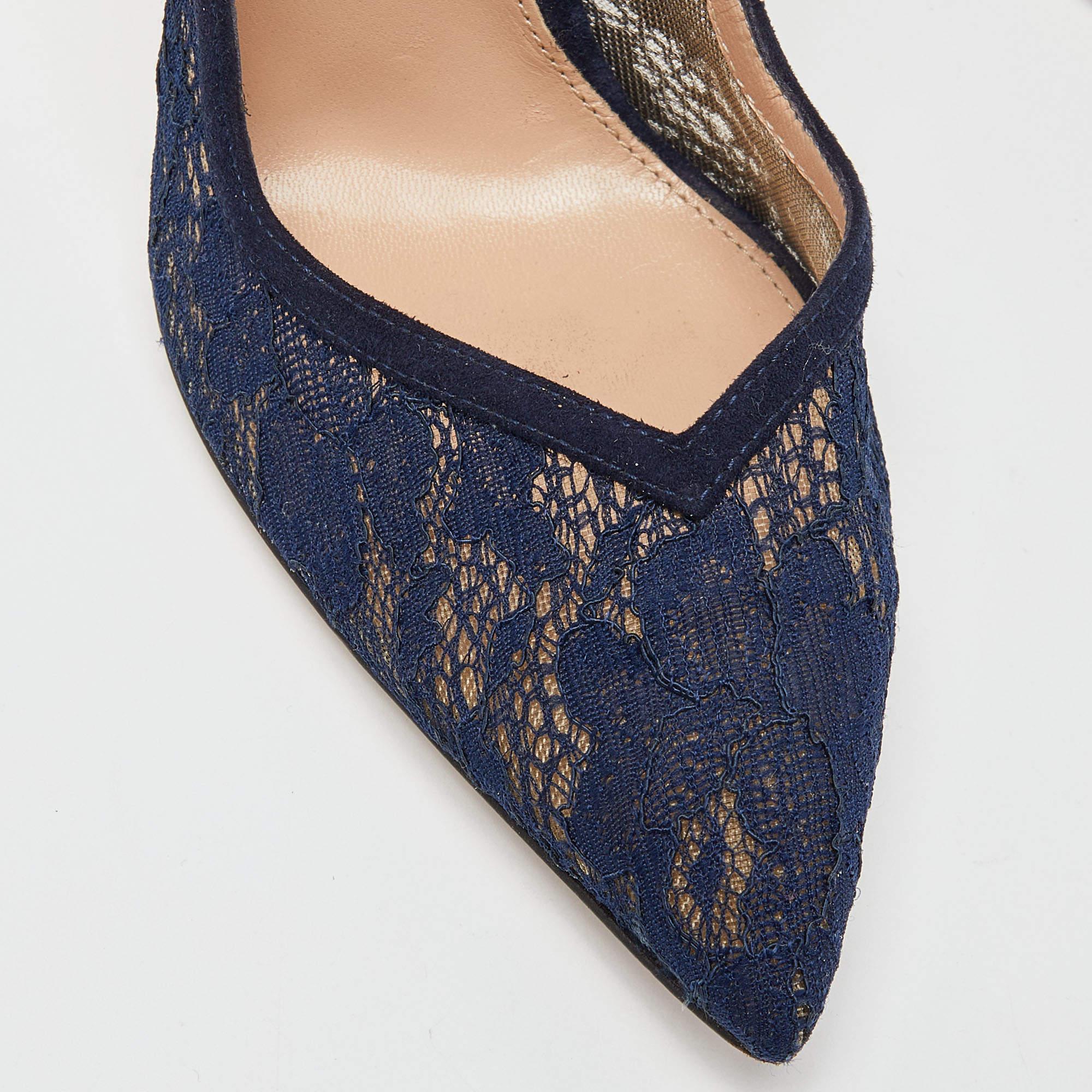 Gianvito Rossi Navy Blue Lace and Suede Pumps Size 36 For Sale 3