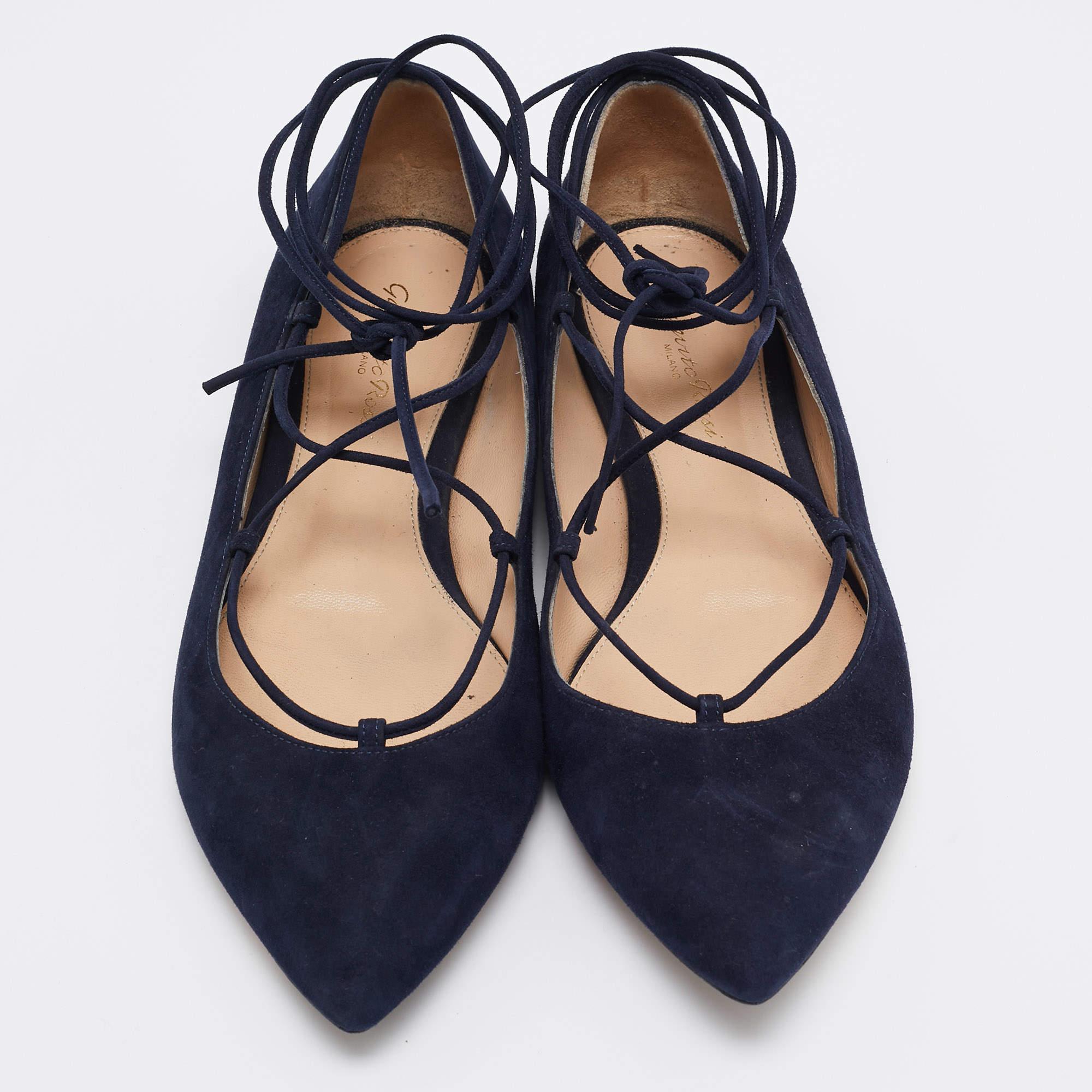 Black Gianvito Rossi Navy Blue Suede Femi Ankle Tie Ballet Flats Size 39.5 For Sale