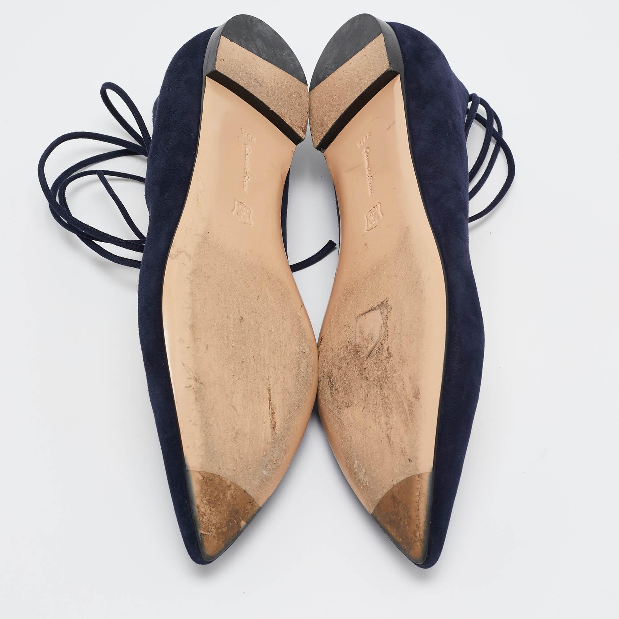 Gianvito Rossi Navy Blue Suede Femi Ankle Tie Ballet Flats Size 39.5 For Sale 1