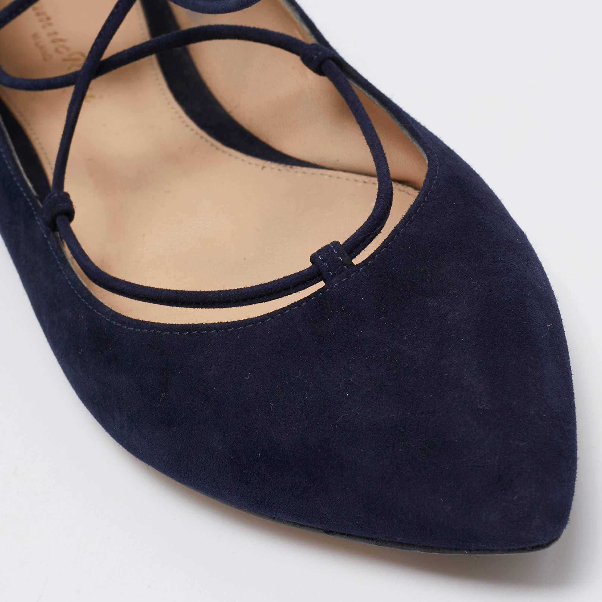 Gianvito Rossi Navy Blue Suede Femi Ankle Tie Ballet Flats Size 39.5 For Sale 2