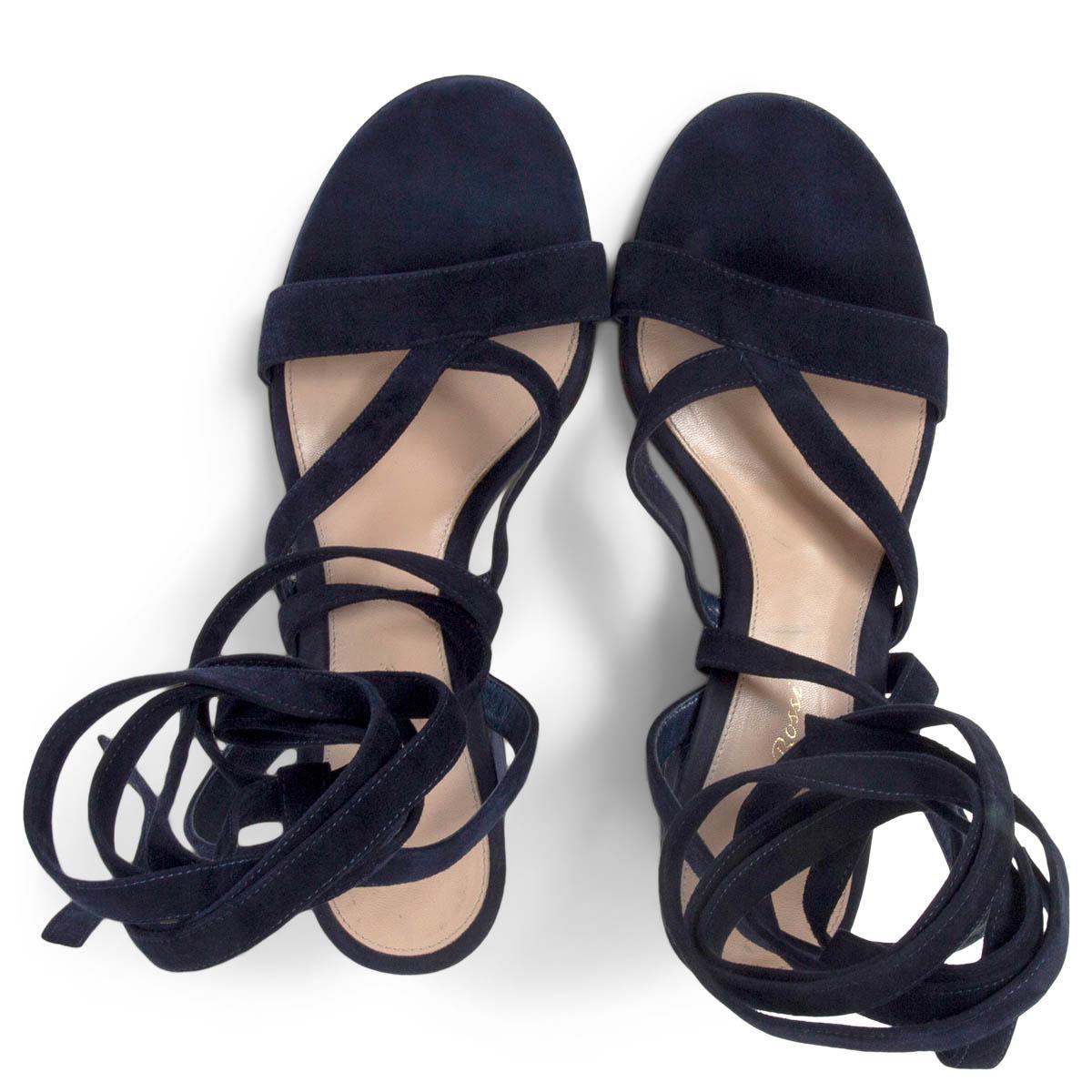 GIANVITO ROSSI navy blue suede JANIS 60 LACE UP Sandals Shoes 38 In Excellent Condition For Sale In Zürich, CH
