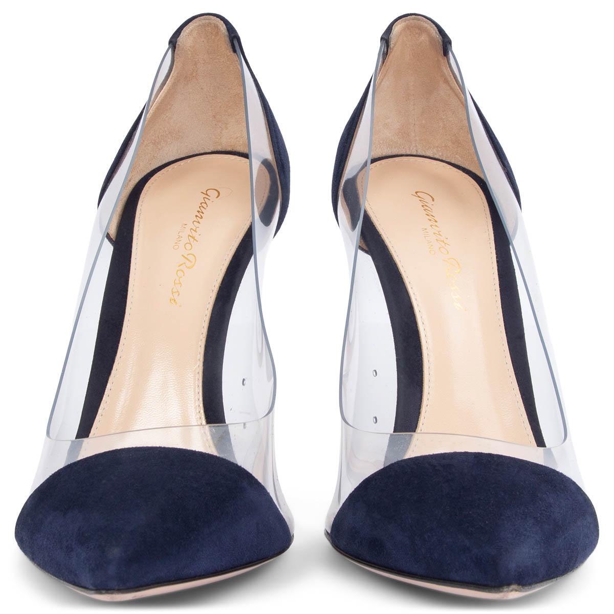100% authentic Gianvito Rossi Plexi 105 pumps in navy suede and clear vinyl. Have been worn and are in excellent condition. 

Measurements
Imprinted Size	37
Shoe Size	37
Inside Sole	24cm (9.4in)
Width	7cm (2.7in)
Heel	10.5cm (4.1in)

All our