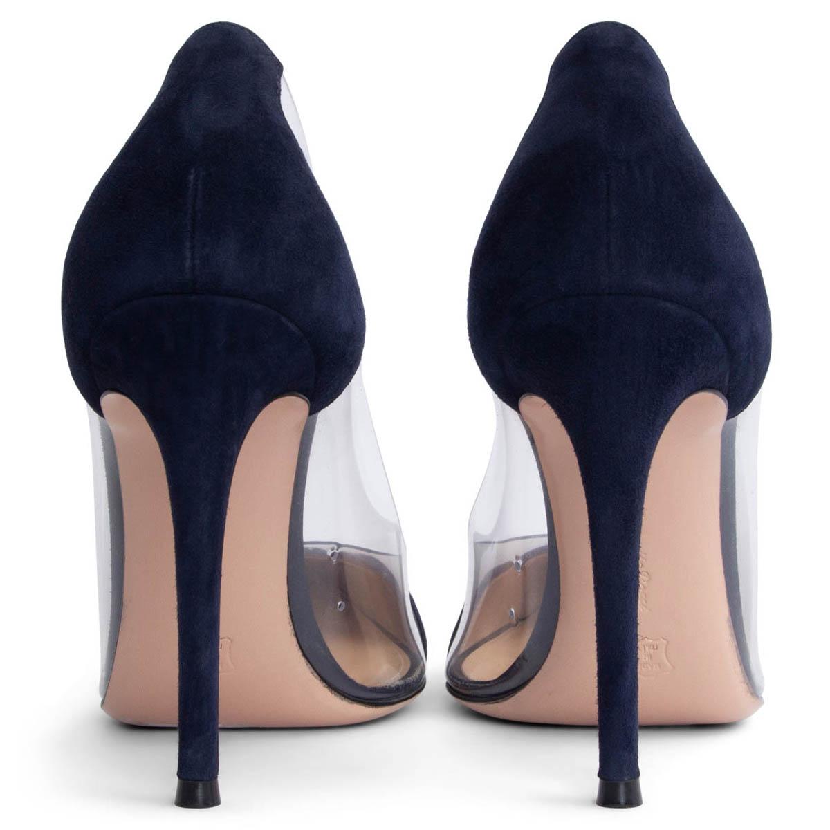GIANVITO ROSSI navy blue suede PLEXI 105 Pumps Shoes 37 In Excellent Condition For Sale In Zürich, CH