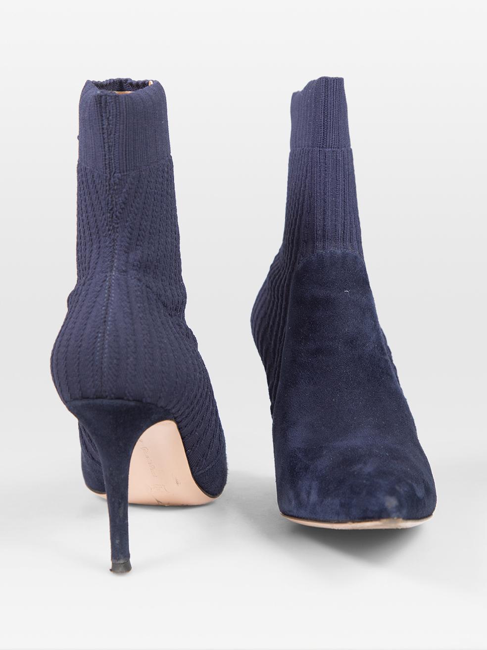 Purple Gianvito Rossi Navy Suede Panel Knit Heeled Boots Size IT 38 For Sale