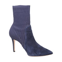 Gianvito Rossi Navy Suede Panel Knit Heeled Boots Size IT 38