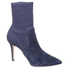 Gianvito Rossi Navy Suede Panel Knit Heeled Boots Size IT 38