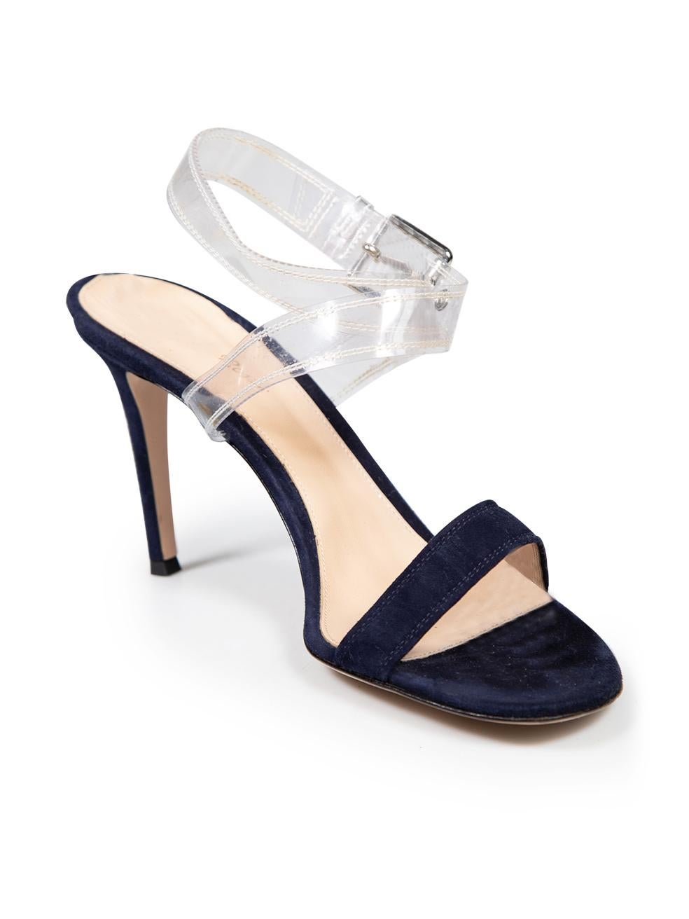 CONDITION is Very good. Minimal wear to sandals is evident. Minimal discolouration to stitching on PVC strap on this used Gianvito Rossi designer resale item.
 
 
 
 Details
 
 
 Navy
 
 Suede
 
 Sandals
 
 PVC Straps
 
 High heeled
 
 Open toe
 
