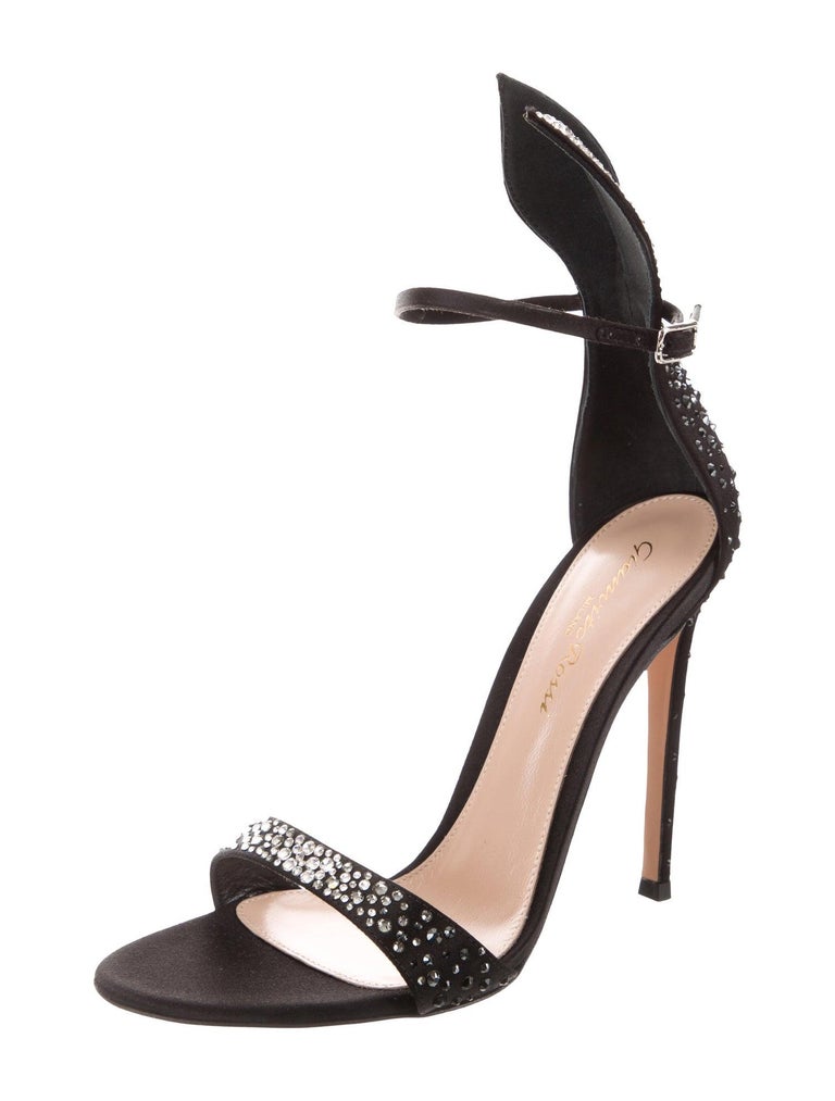 Gianvito Rossi NEW Black Satin Crystal Strappy Evening Sandals Heels ...