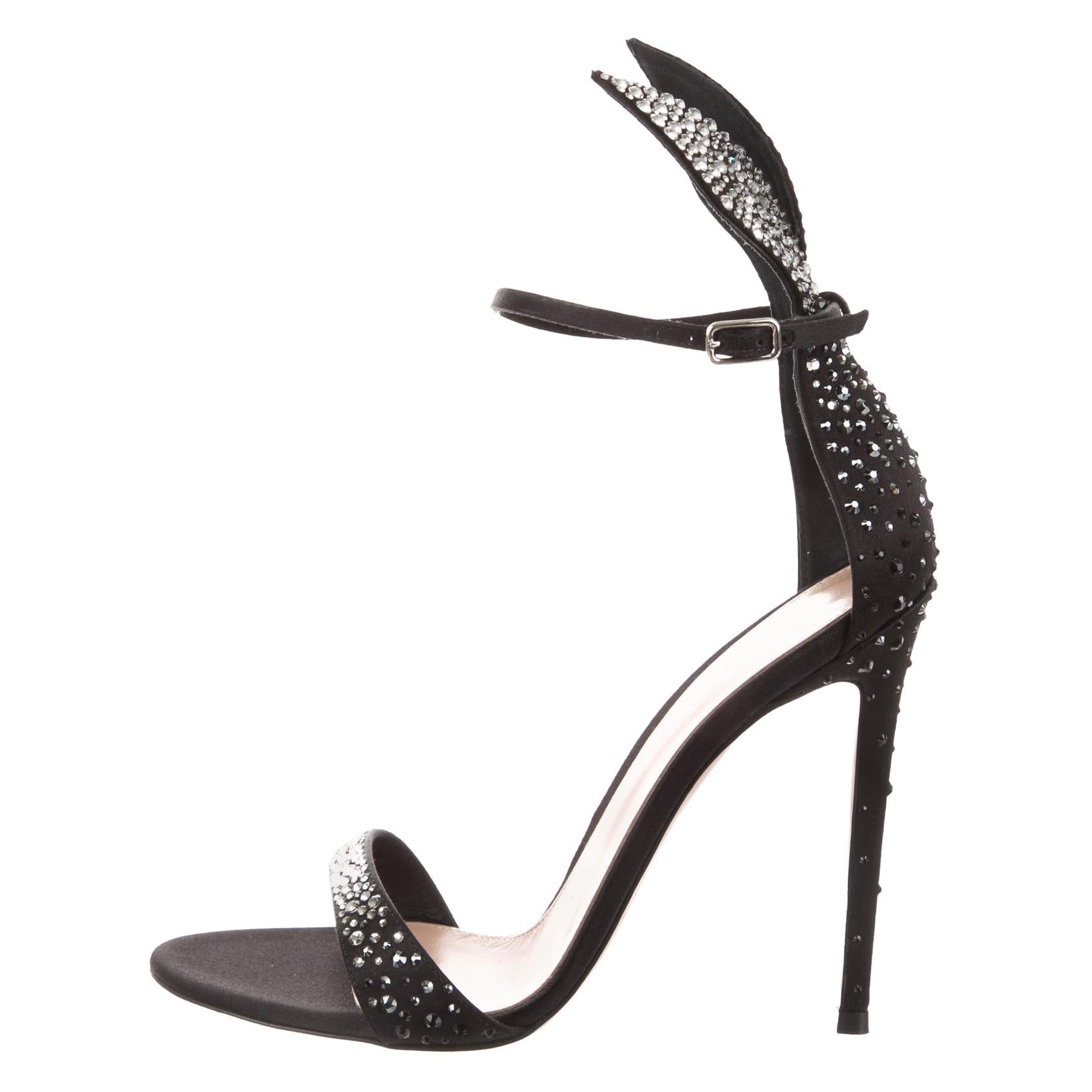 Gianvito Rossi NEW Black Satin Crystal Strappy Evening Sandals Heels Pumps