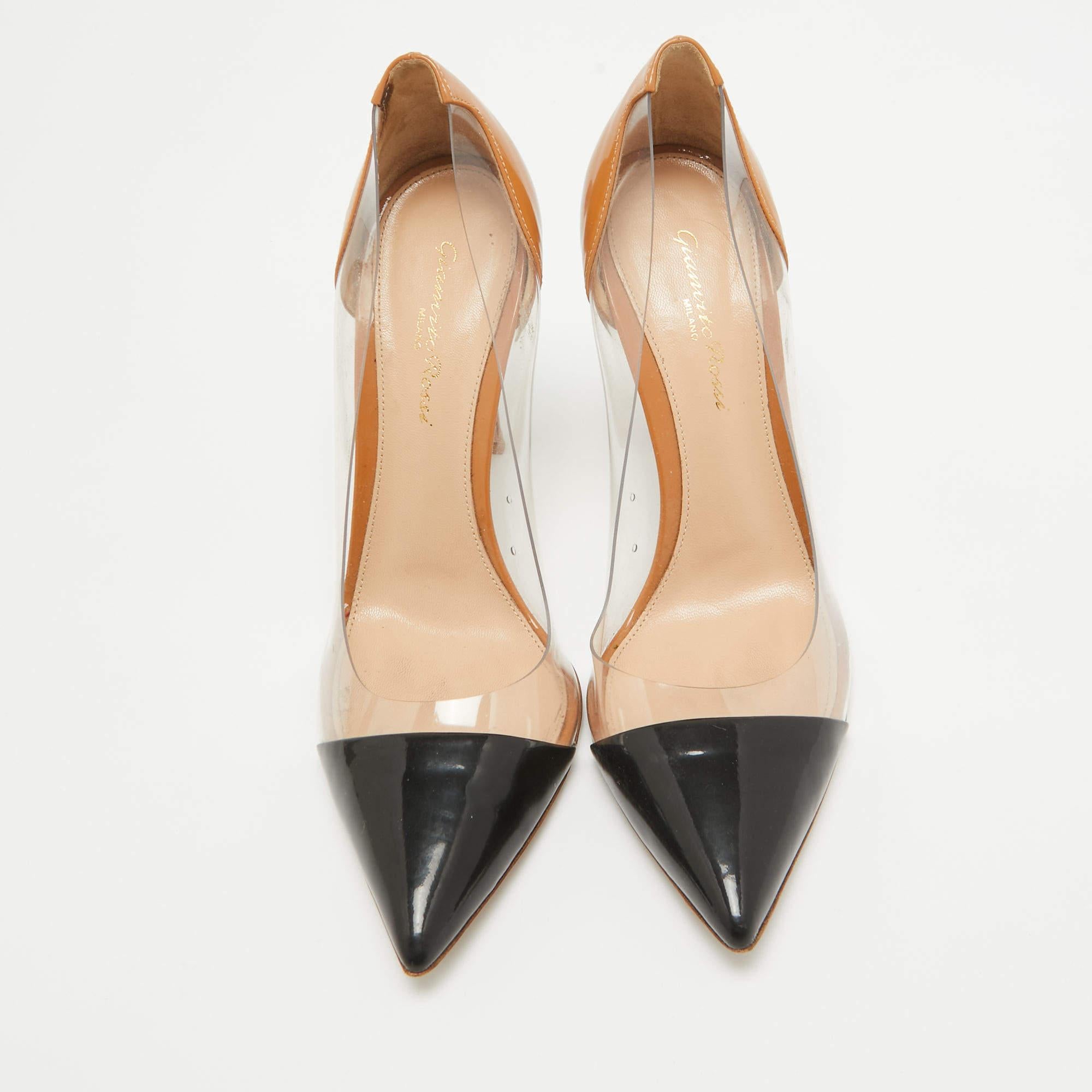 Beige Gianvito Rossi Nude/Black Patent Leather And PVC Plexi Pointed Toe Pumps Size 38 For Sale