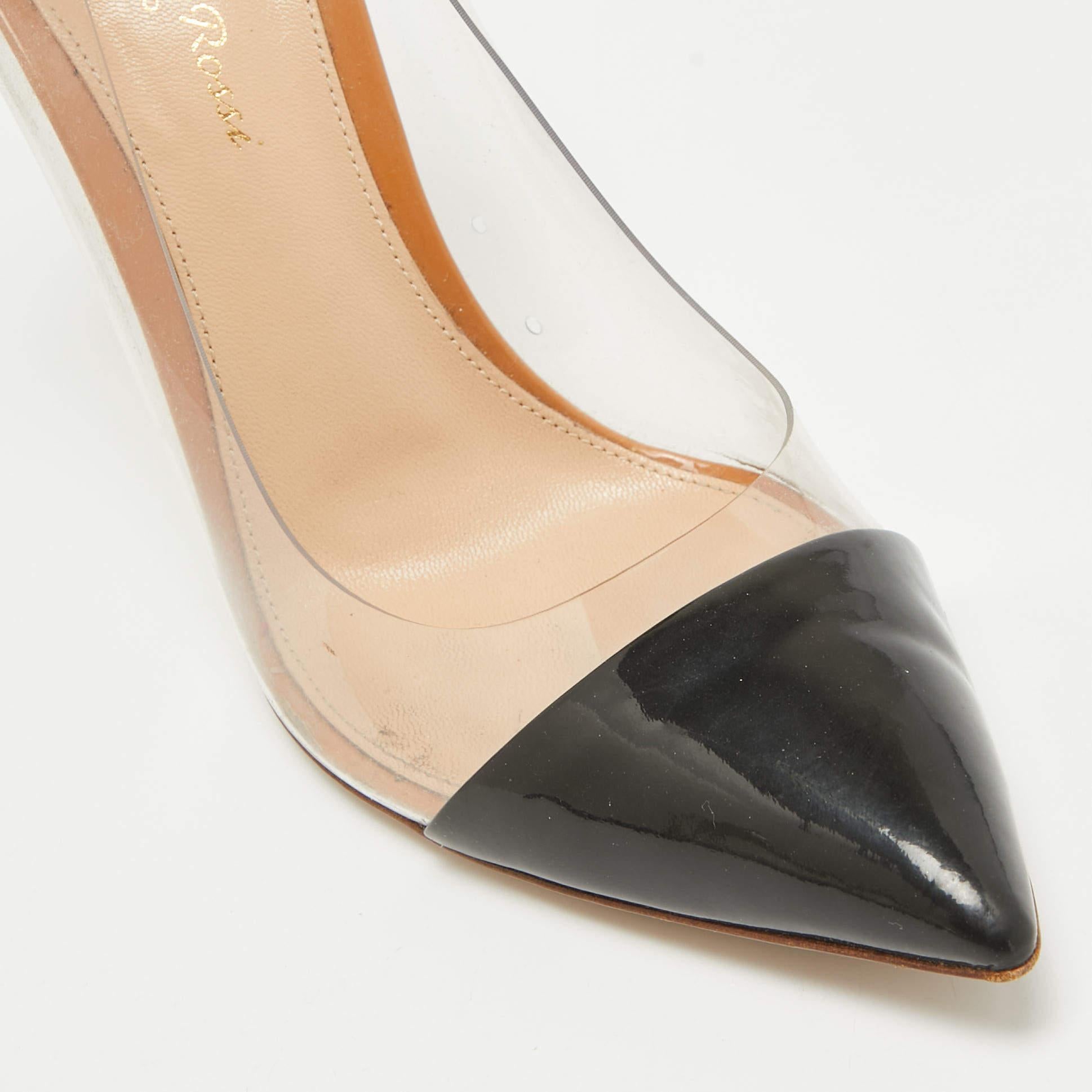 Gianvito Rossi Nude/Black Patent Leather And PVC Plexi Pointed Toe Pumps Size 38 For Sale 2