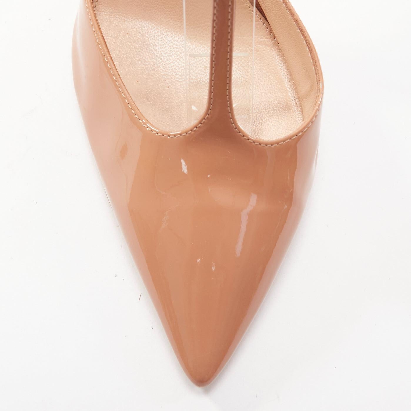 GIANVITO ROSSI nude patent leather t-bar strap pointy toes pumps EU38.5 1