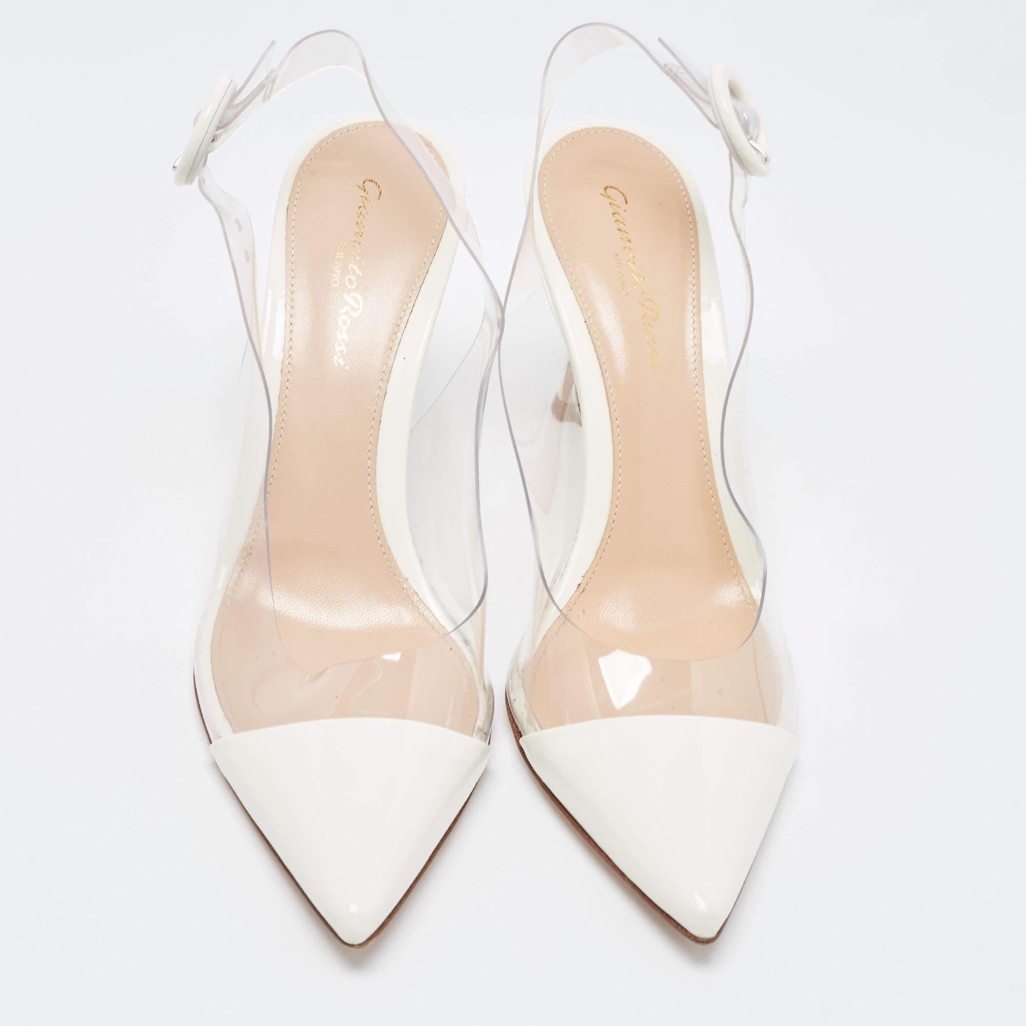 Women's Gianvito Rossi Off White Patent Leather and PVC Plexi Slingback Pumps Size 36.5