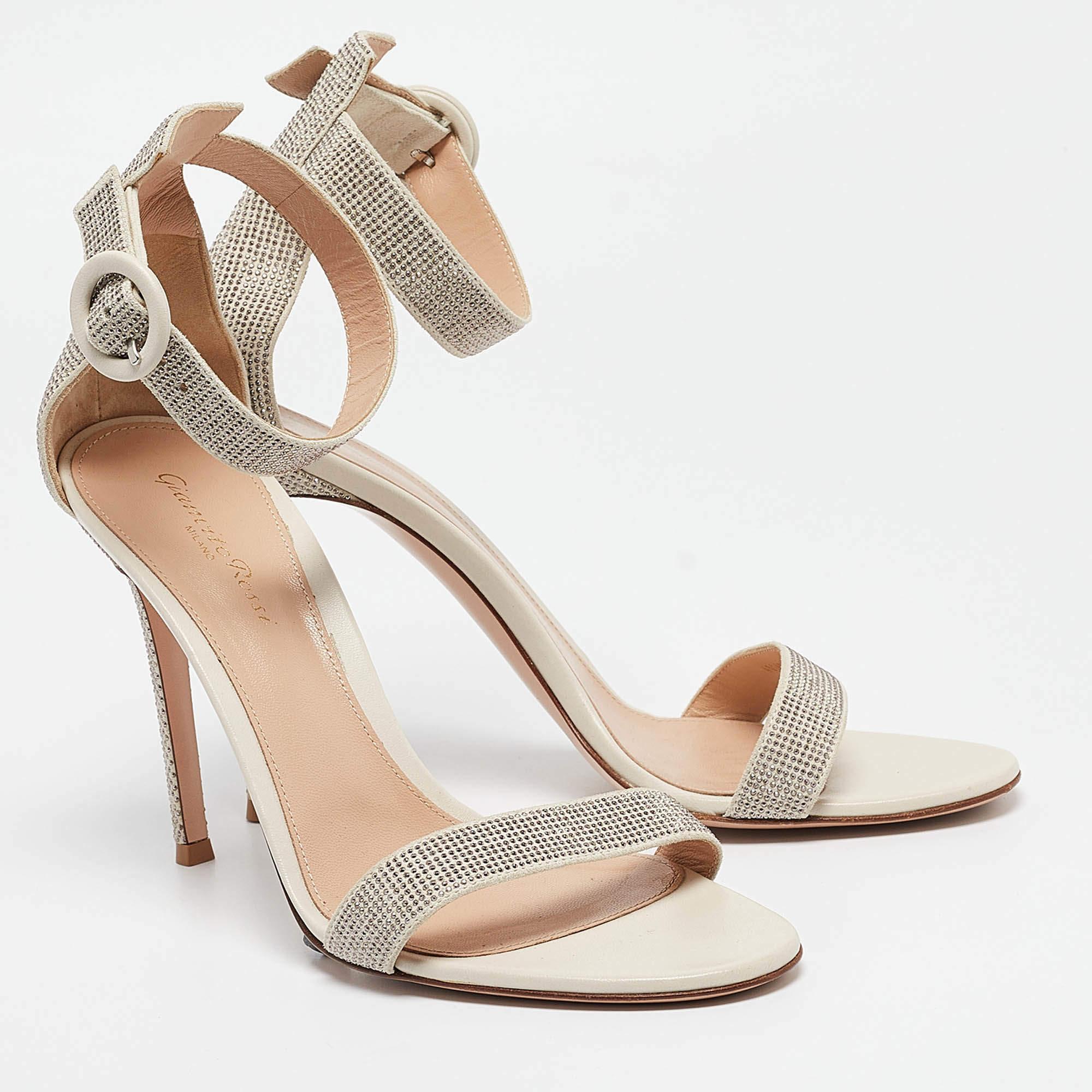 Women's Gianvito Rossi Off White Suede Embellished Portofino Ankle Cuff Sandals Size 40