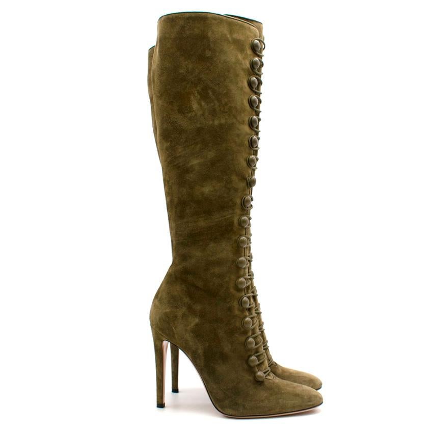 Gianvito Rossi Olive Green Suede Knee-High Boots 

- Rounded Toe 
- Full Button Down Front 
- Stiletto Heel 
- Smooth Leather Interior 
- Olive Suede Outer 
- Inner Zip Closure 

Made in Italy 

Please note, these items are pre-owned and may show