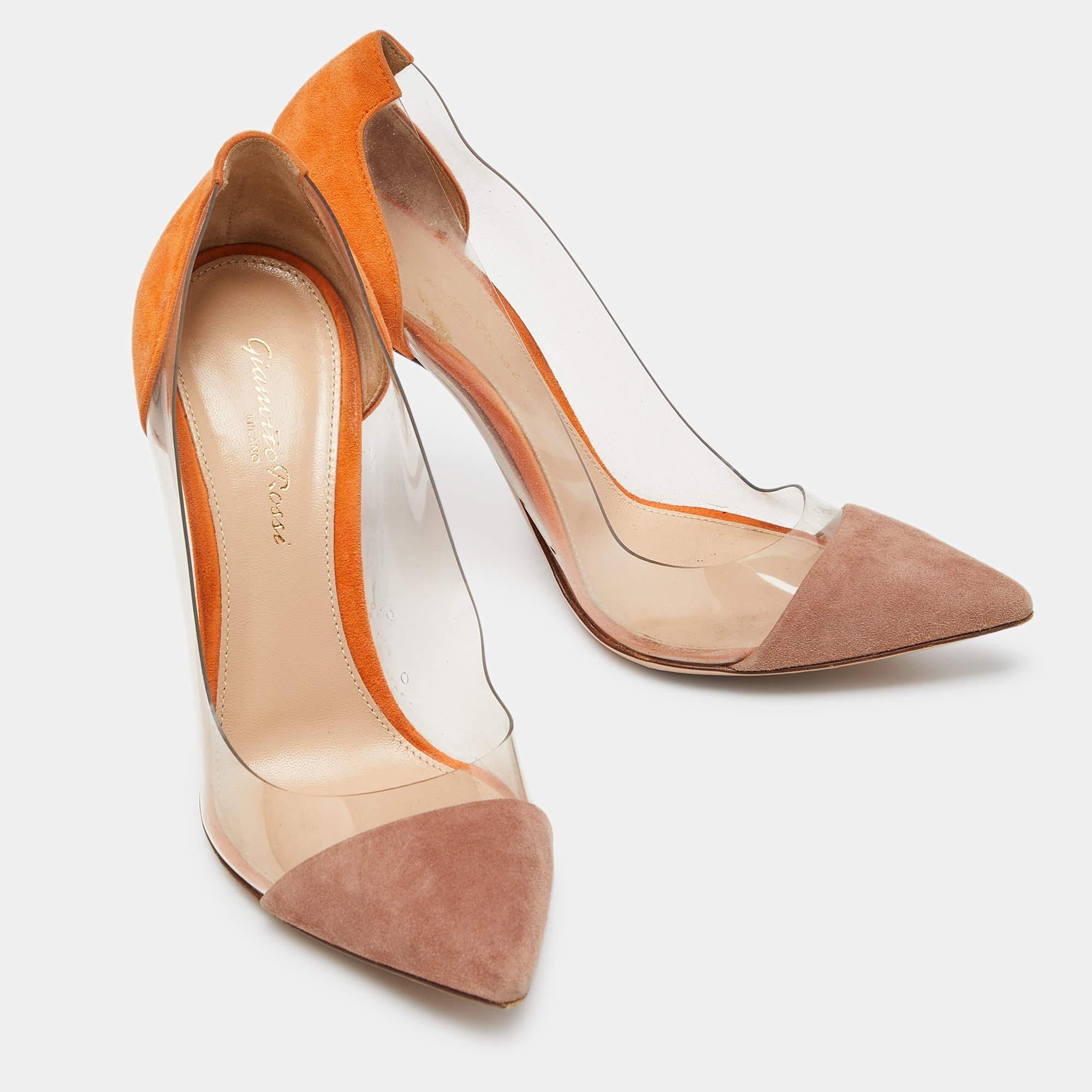 Women's Gianvito Rossi Orange/Beige Suede and PVC Plexi Pumps Size 38 For Sale