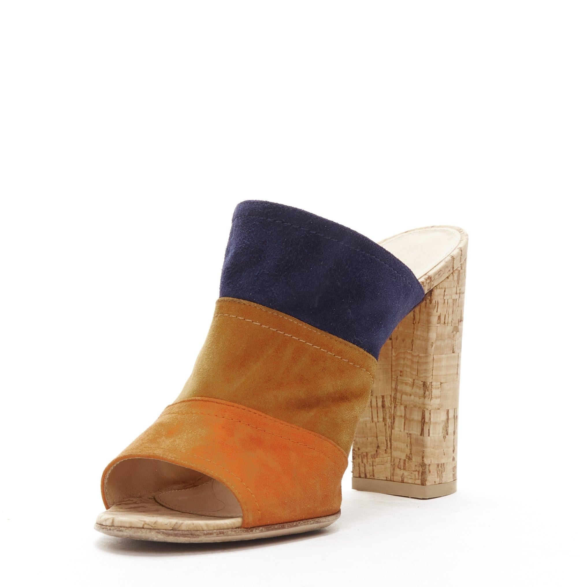 GIANVITO ROSSI orange brown navy suede leather color block cork mules EU37 In Good Condition For Sale In Hong Kong, NT