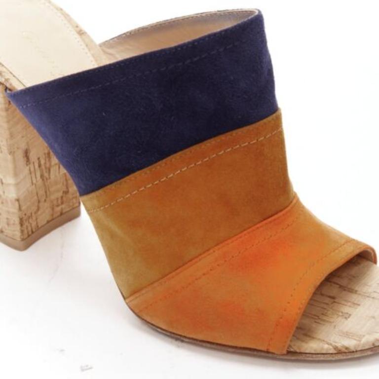 GIANVITO ROSSI orange marron marine cuir velours color block liège mules EU37 en vente 2