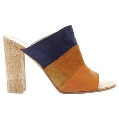 GIANVITO ROSSI orange brown navy suede leather color block cork mules EU37 GIANVITO ROSSI orange brown navy suede leather color block cork mules EU37