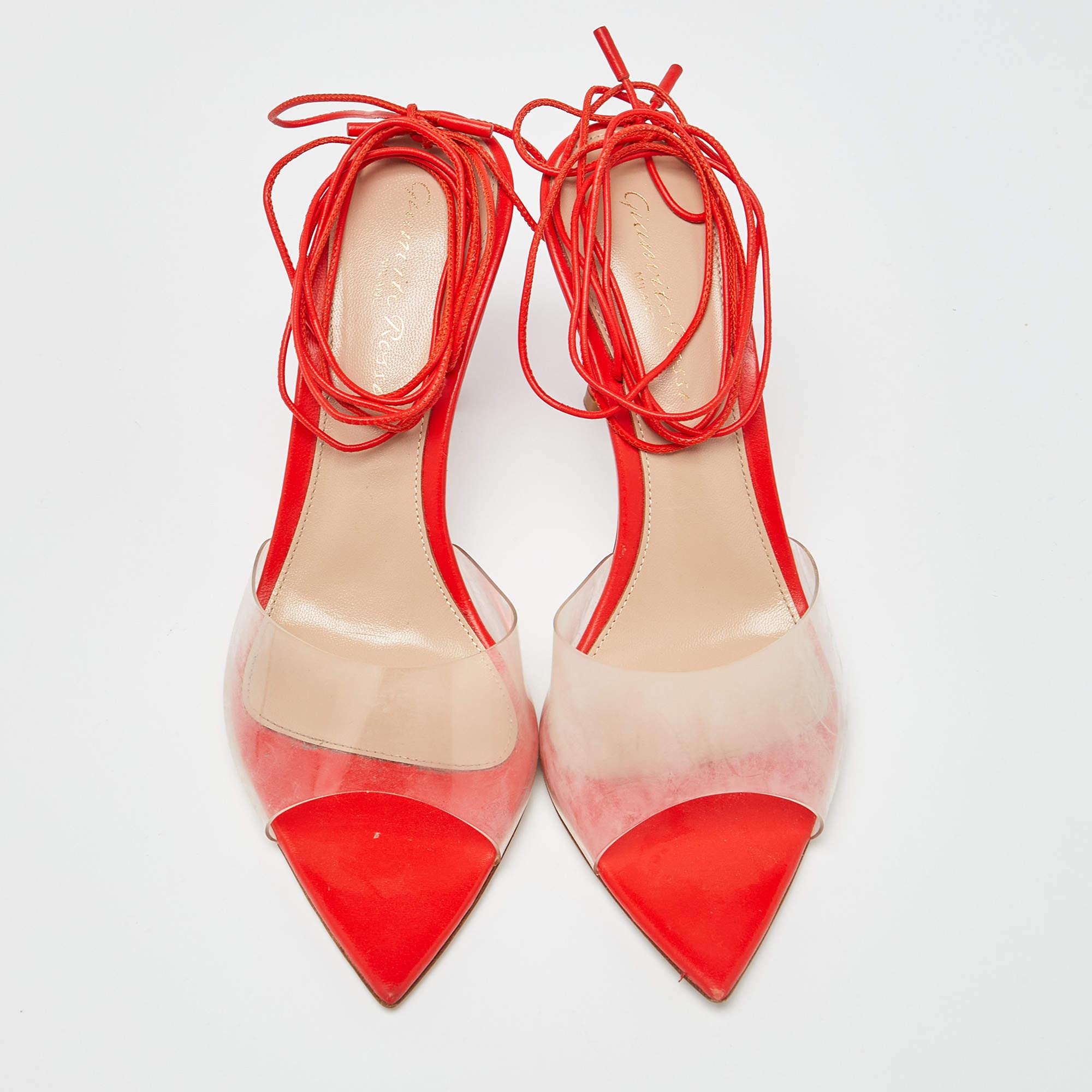 Beige Gianvito Rossi Orange Leather and PVC Skye Ankle Tie Sandals Size 36.5
