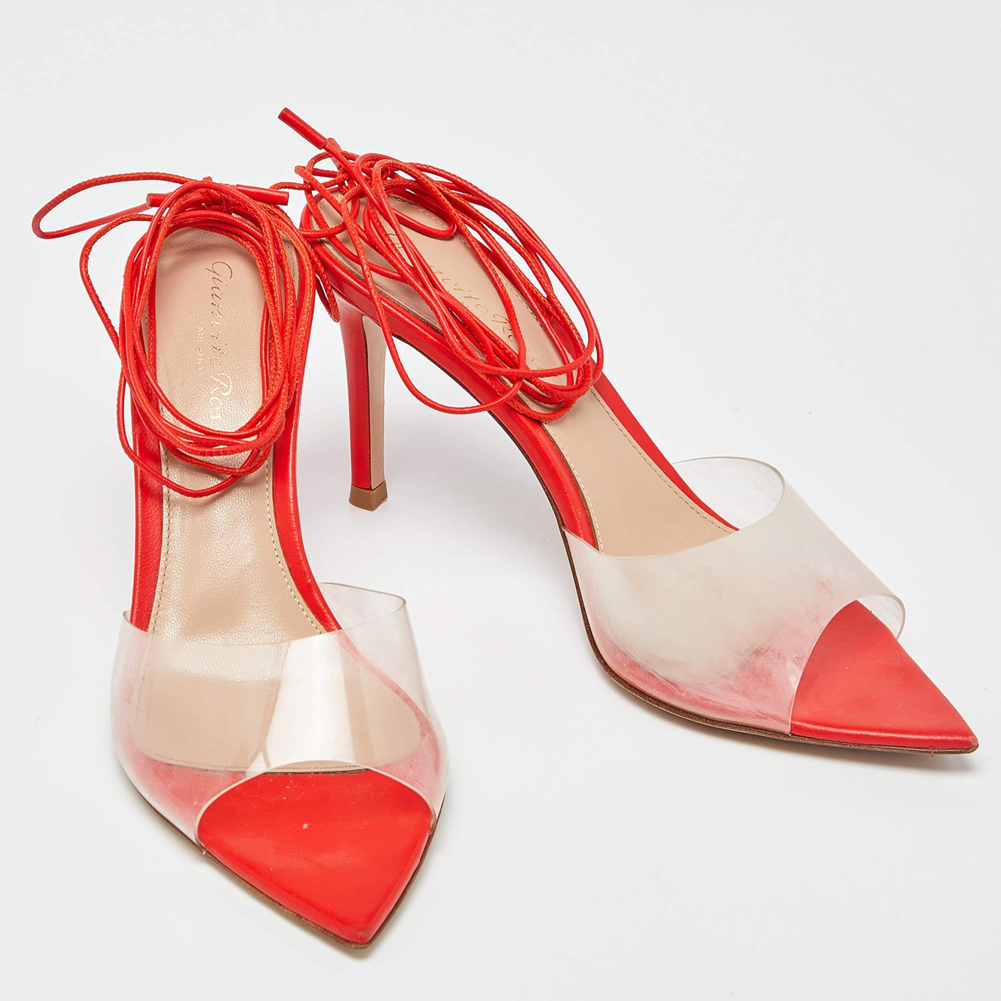 Gianvito Rossi Orange Leather and PVC Skye Ankle Tie Sandals Size 36.5 In Good Condition In Dubai, Al Qouz 2