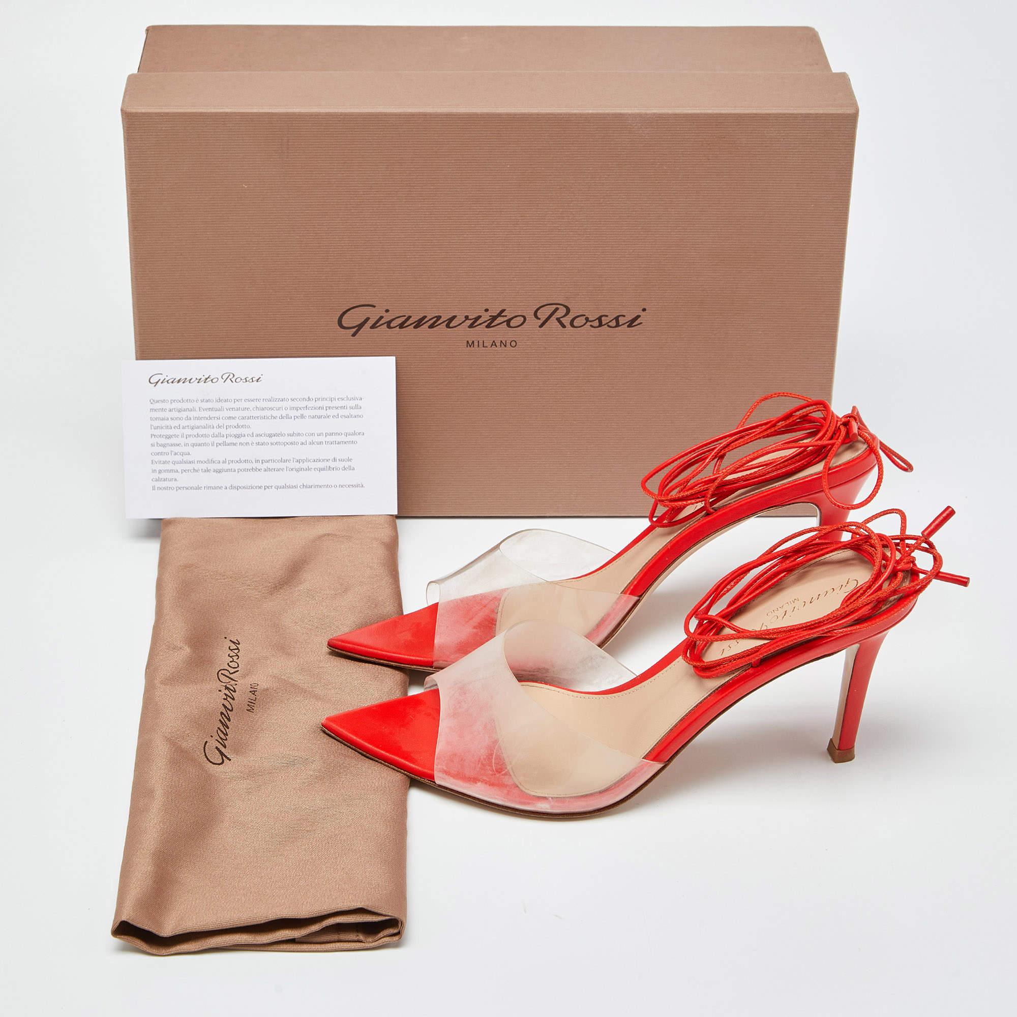 Gianvito Rossi Orange Leather and PVC Skye Ankle Tie Sandals Size 36.5 4