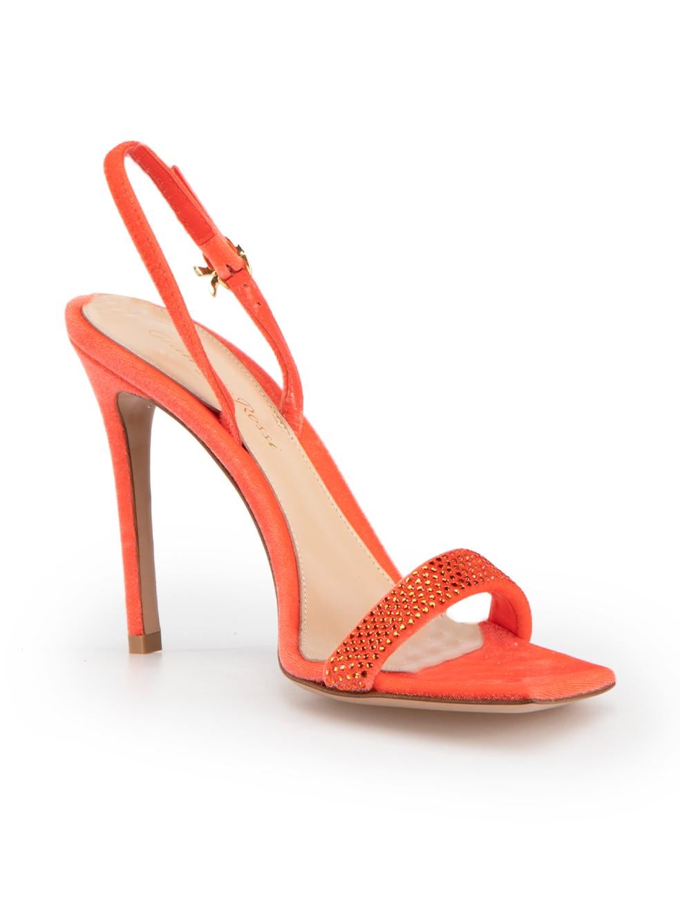 CONDITION is Very good. Hardly any visible wear to sandals is evident on this used Gianvito Rossi designer resale item.
 
 
 
 Details
 
 
 Britney
 
 Orange
 
 Velvet
 
 Heeled sandals
 
 Open toe
 
 Embellished
 
 Adjustable slingback strap
 
 

