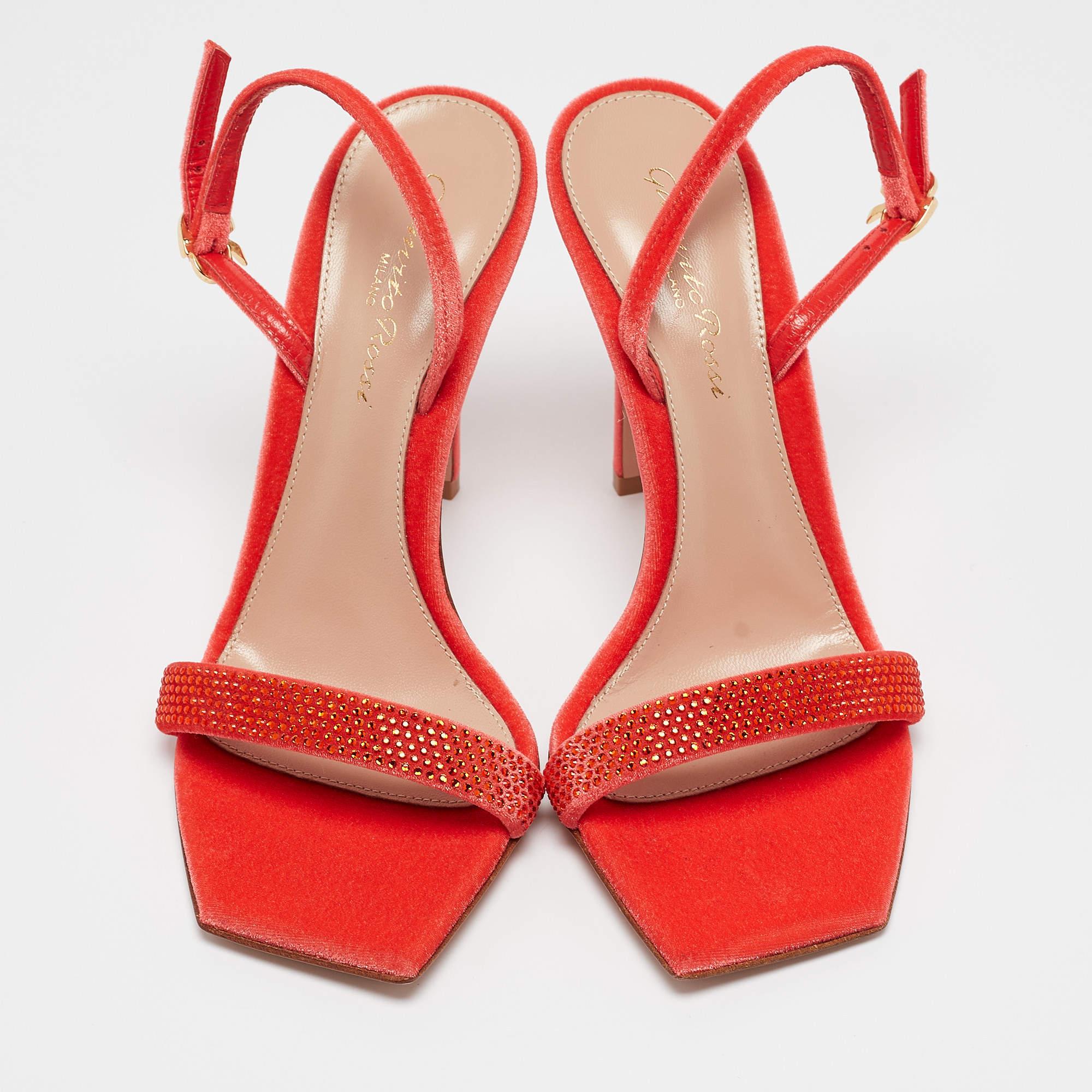 Gianvito Rossi Orange Velvet Britney Slingback Sandals Size 36 In New Condition For Sale In Dubai, Al Qouz 2
