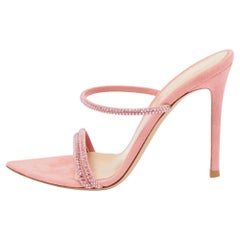 Gianvito Rossi Pink Crystal Embellished Suede Cannes Sandals Size 37.5