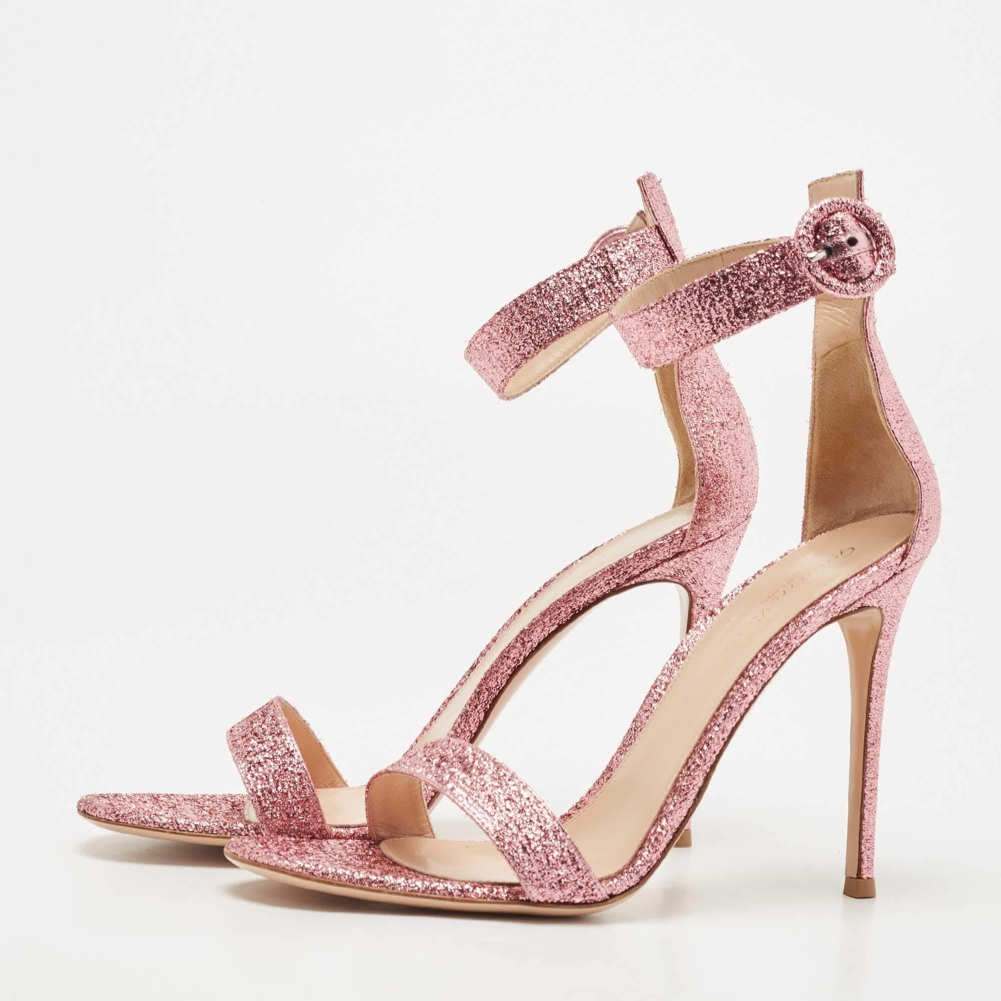 Beige Gianvito Rossi Pink Glitter Portofino Ankle Strap Sandals Size 41