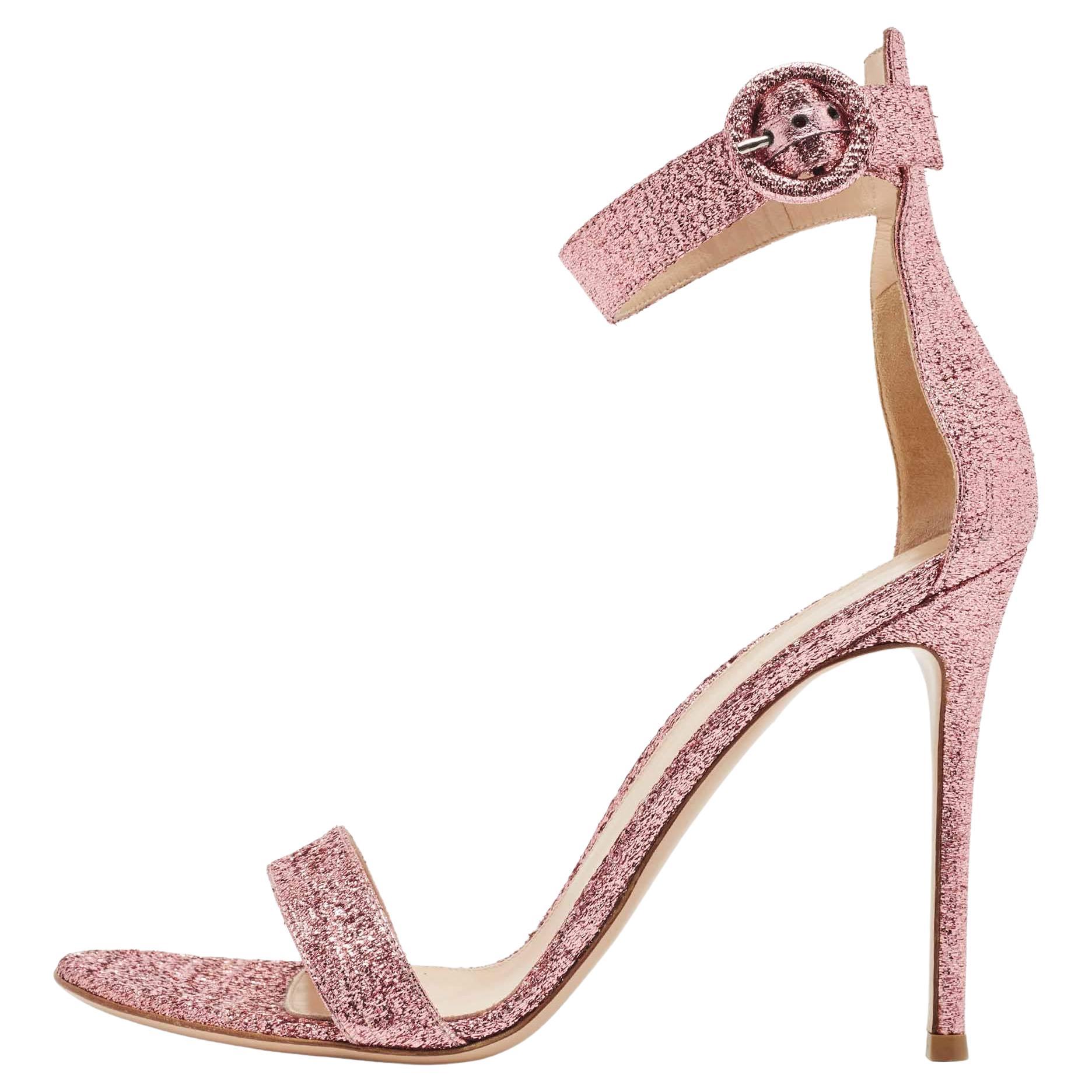 Gianvito Rossi Pink Glitter Portofino Ankle Strap Sandals Size 41