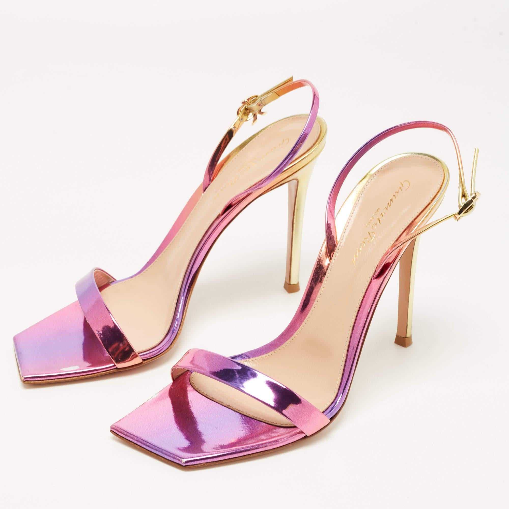 Gianvito Rossi Pink/Gold Foil Leather Ribbon Stiletto Ankle Strap Sandals Size 3 In Good Condition In Dubai, Al Qouz 2